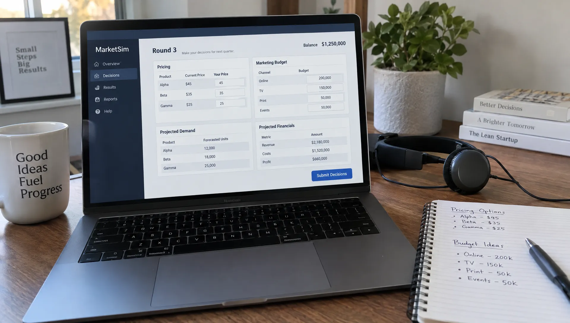 A laptop showing a business simulation sits beside a headset and handwritten notes comparing pricing and budget choices at a home-office desk.