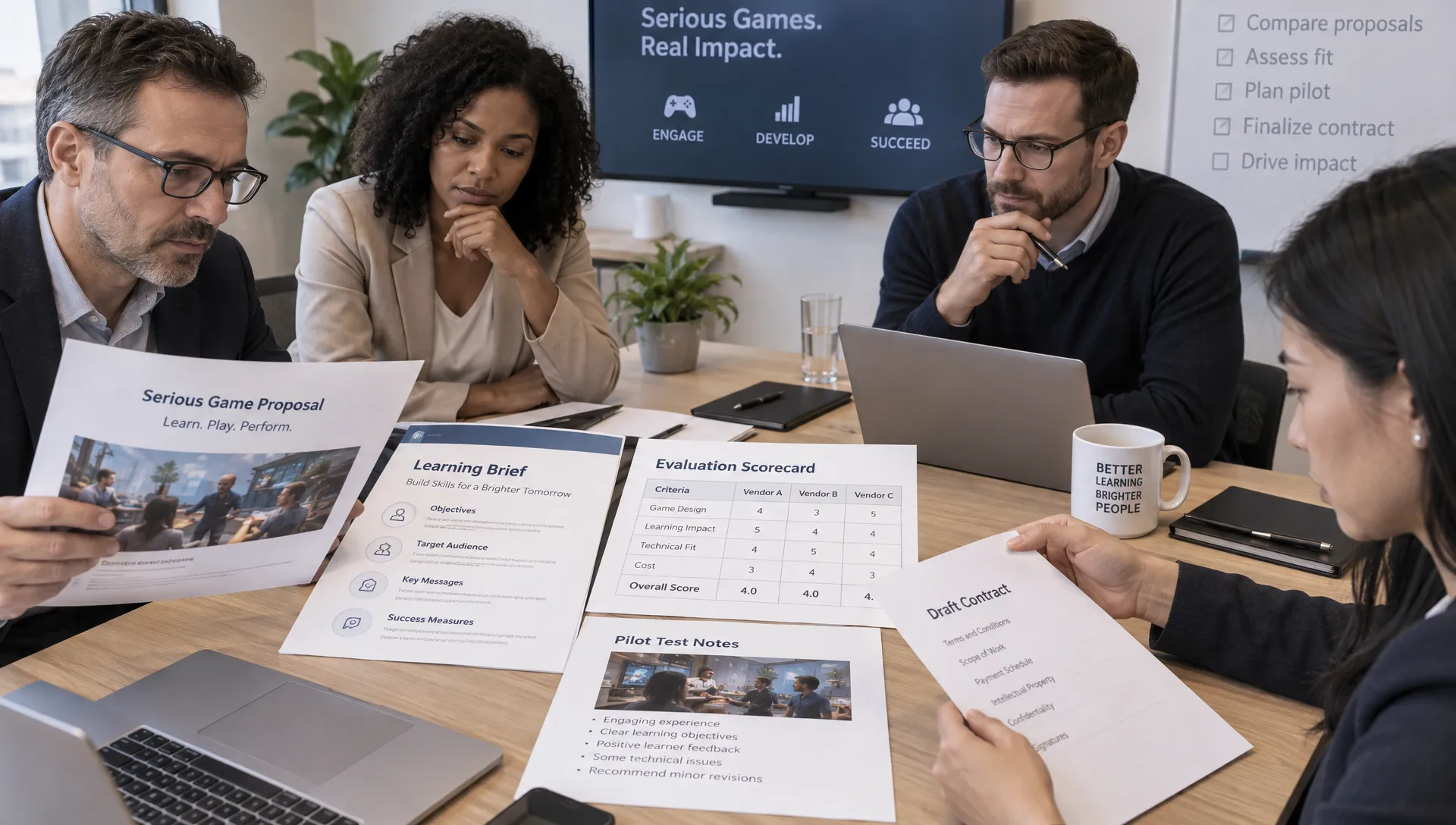 A procurement team compares serious game development proposals around a meeting table, reviewing a learning brief, scorecard, pilot notes and draft contract.