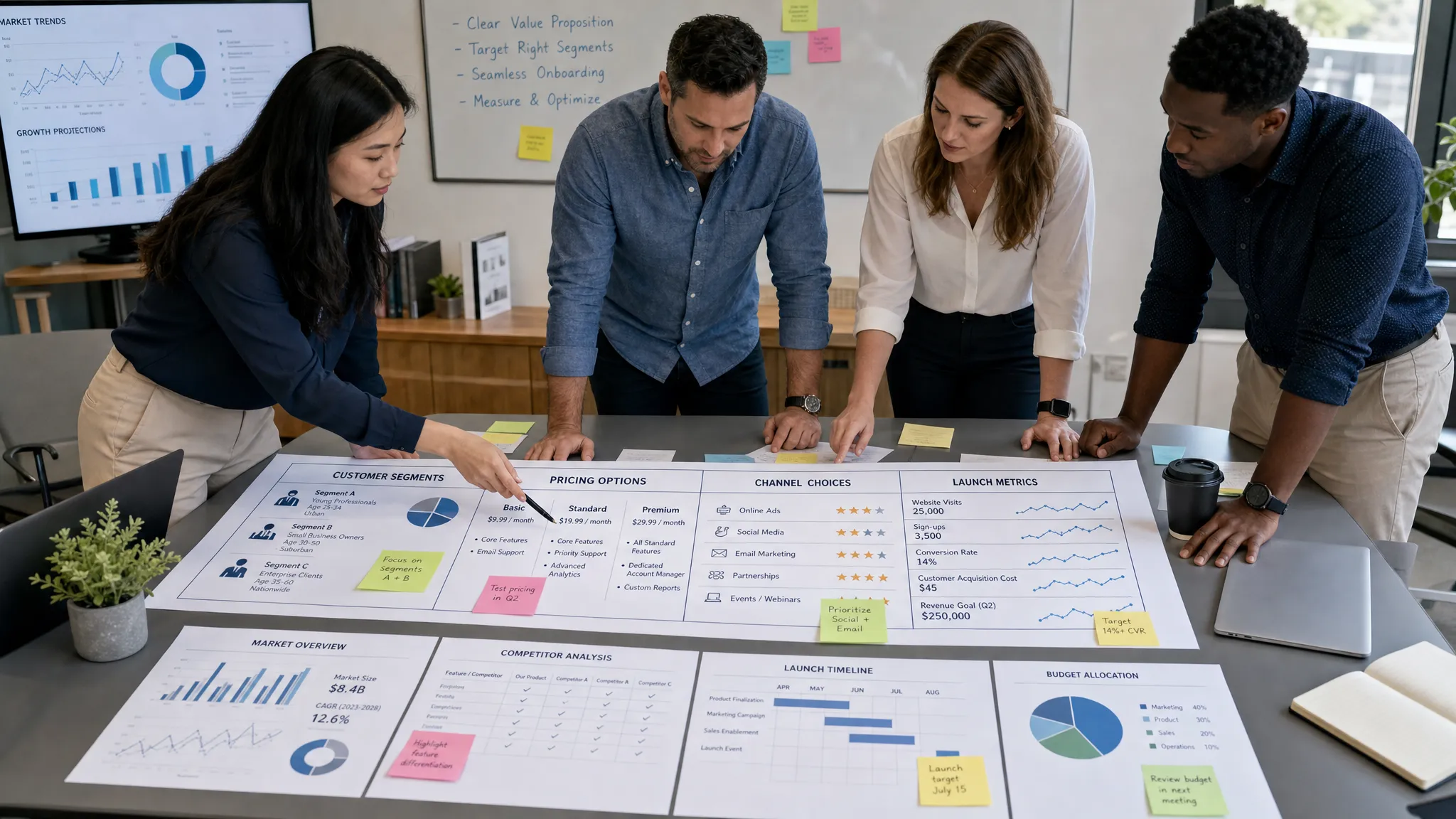 A group of adult colleagues standing around a conference table comparing customer segments, pricing options, channel choices, and launch metrics on printed strategy boards, with market data charts and sticky notes spread across the workspace.