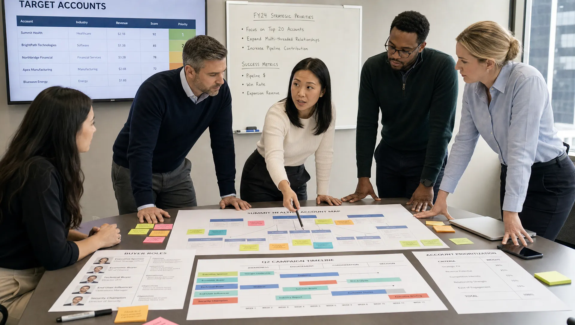 A B2B marketing and sales team stands around a table with printed account maps, sticky notes, buyer role cards, and campaign timelines while discussing target account priorities.