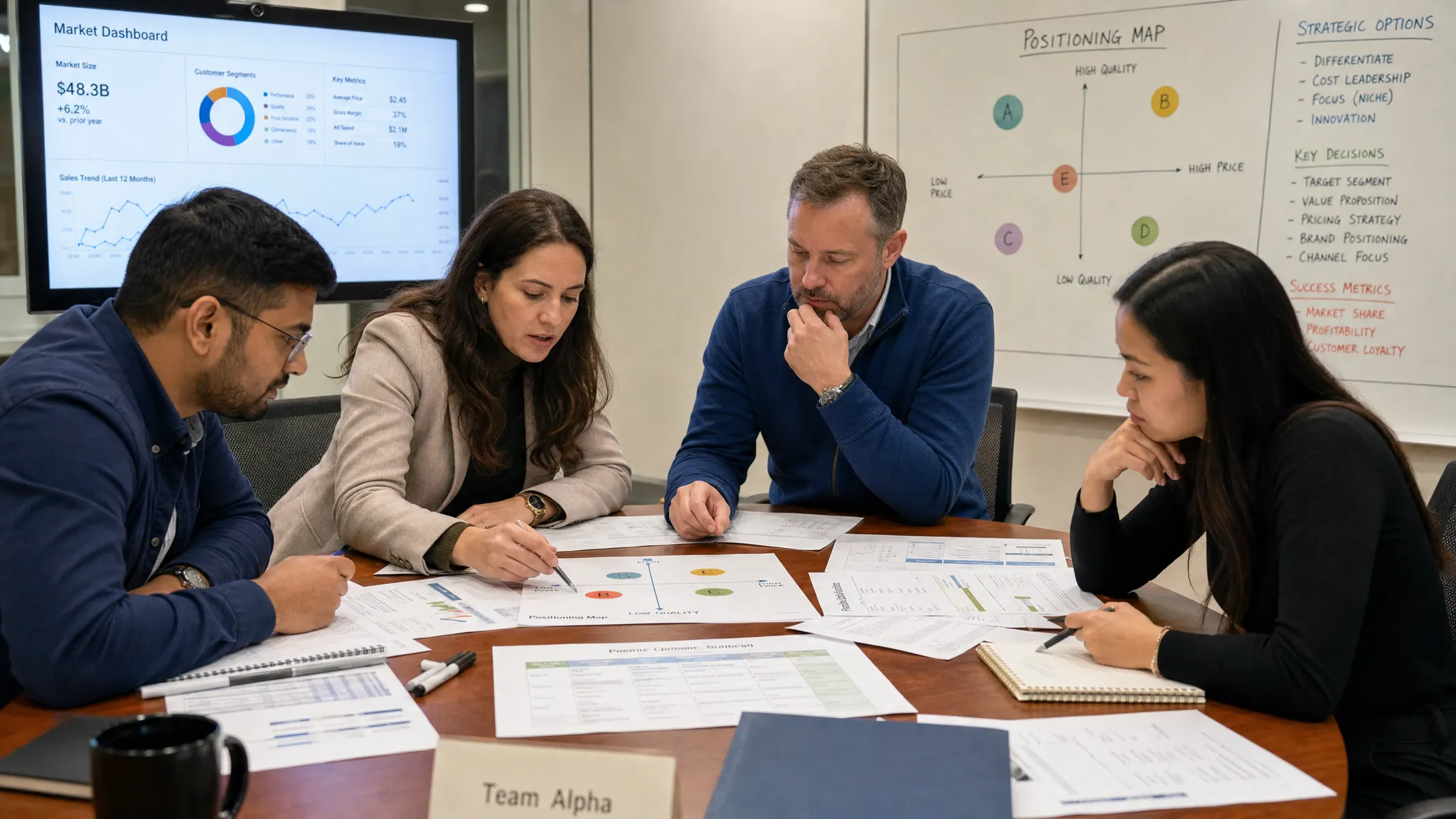 A small group of adult business learners gathered around a table with market data sheets, strategy notes, and a positioning map, discussing marketing decisions during a hands-on simulation exercise.