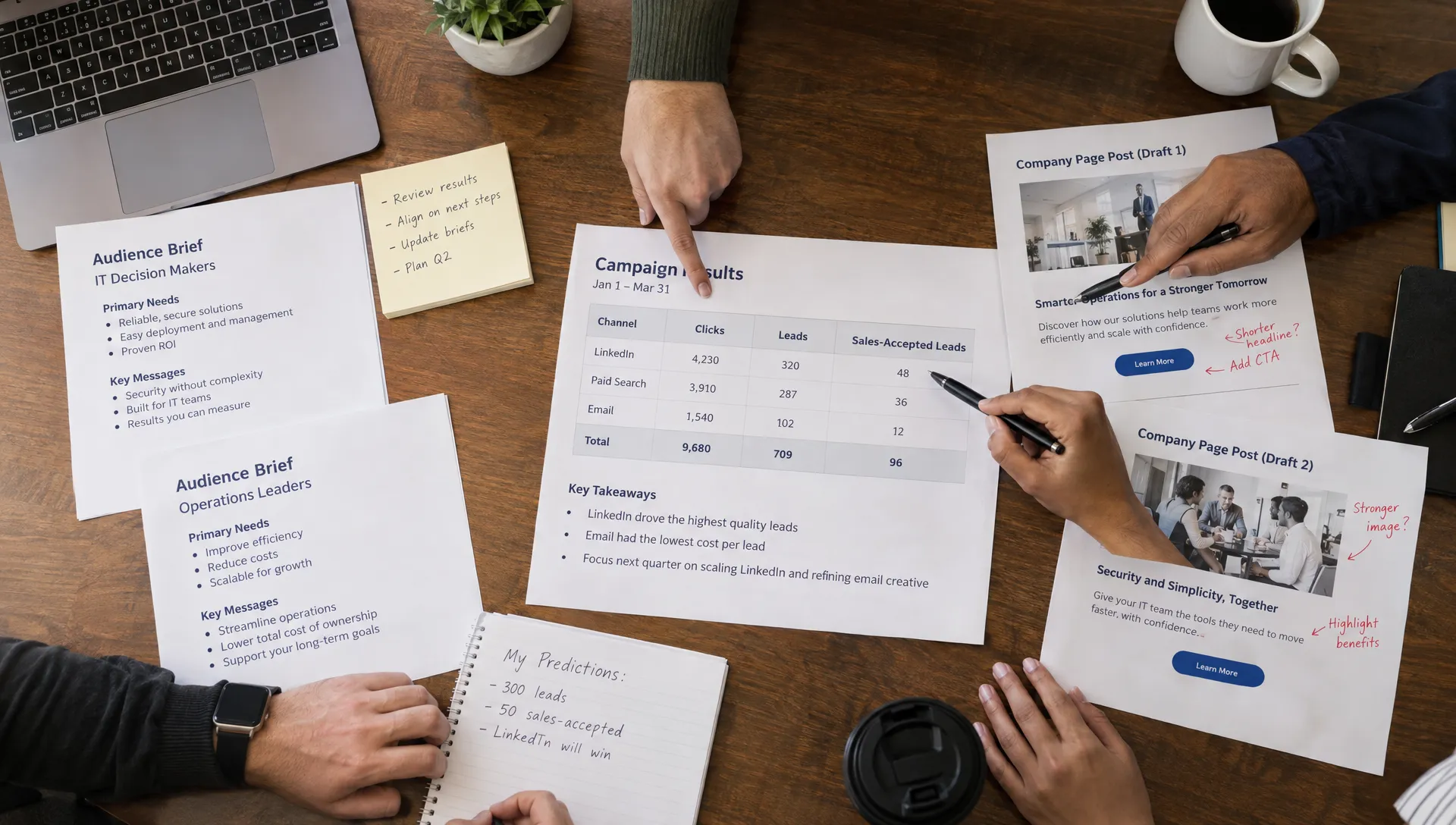 Workshop participants compare fictional LinkedIn results, audience briefs, and post drafts to assess qualified inquiries.