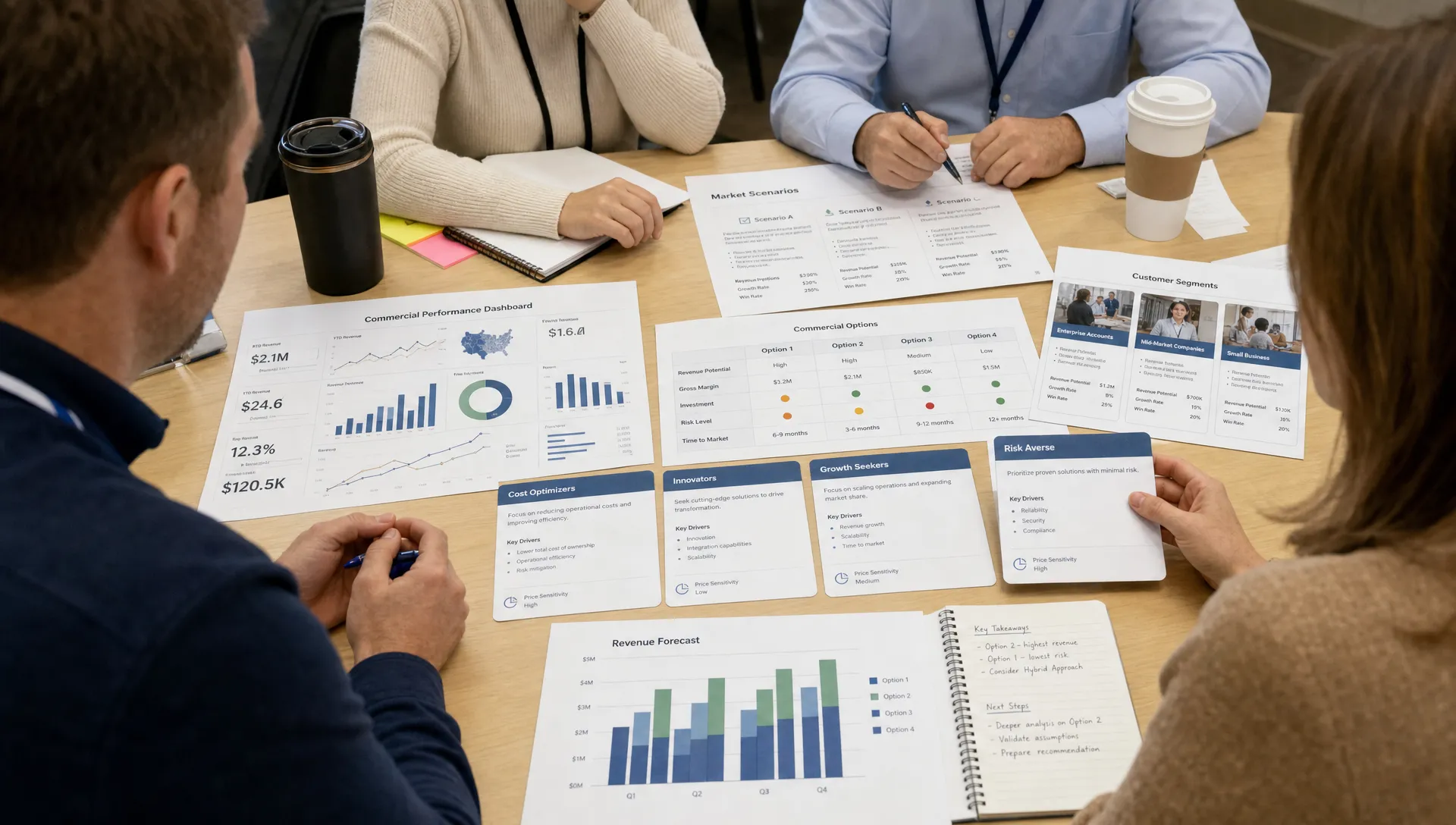 A workshop table with printed dashboards, customer segment cards, and market scenario sheets as teams compare commercial options during business intelligence training.