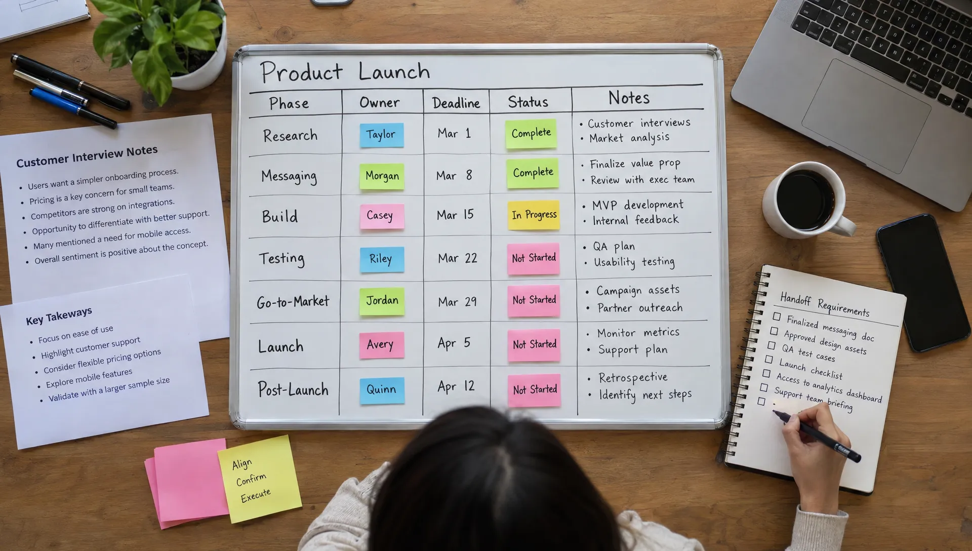 An overhead view of a launch brief and execution board, with owners, deadlines, and interview notes visible as a team member records a handoff requirement.