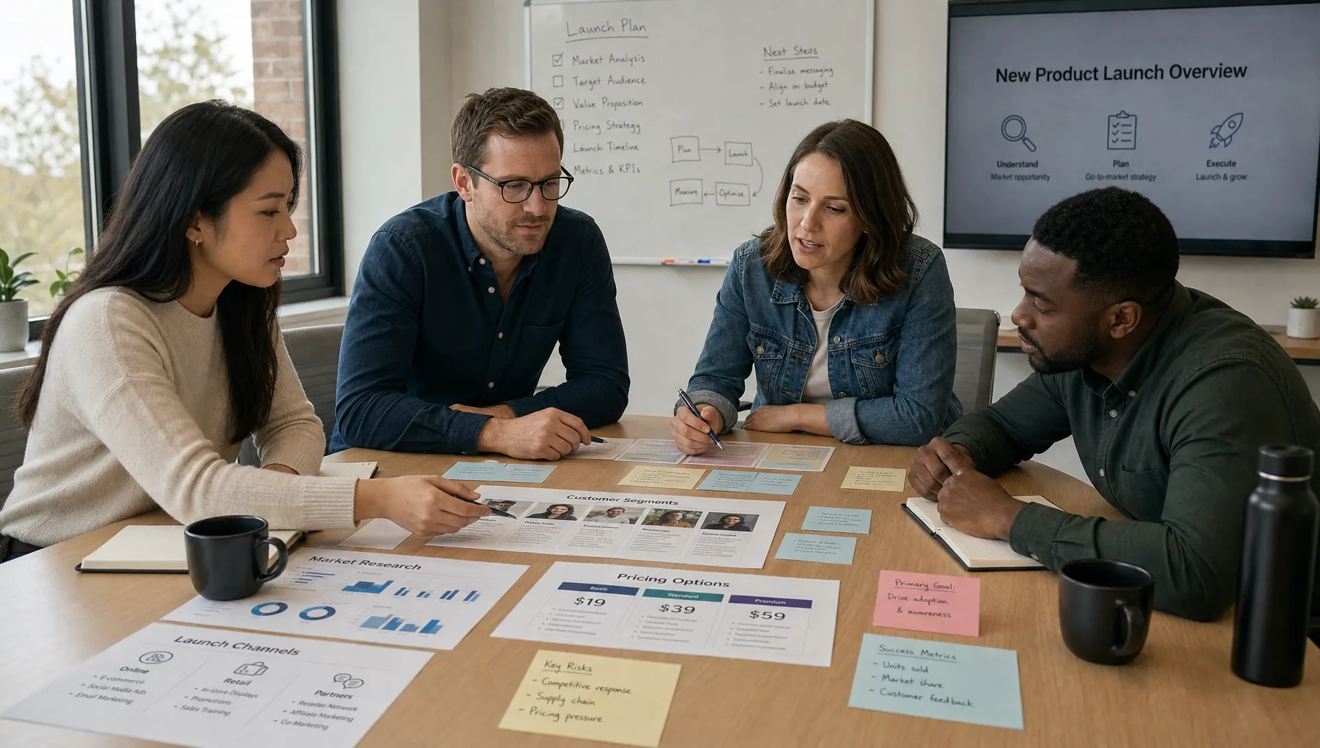 Adult product marketing team members review printed market research, customer segment cards, pricing options, and launch channel notes around a table in a modern conference room while comparing tradeoffs for a new product launch.