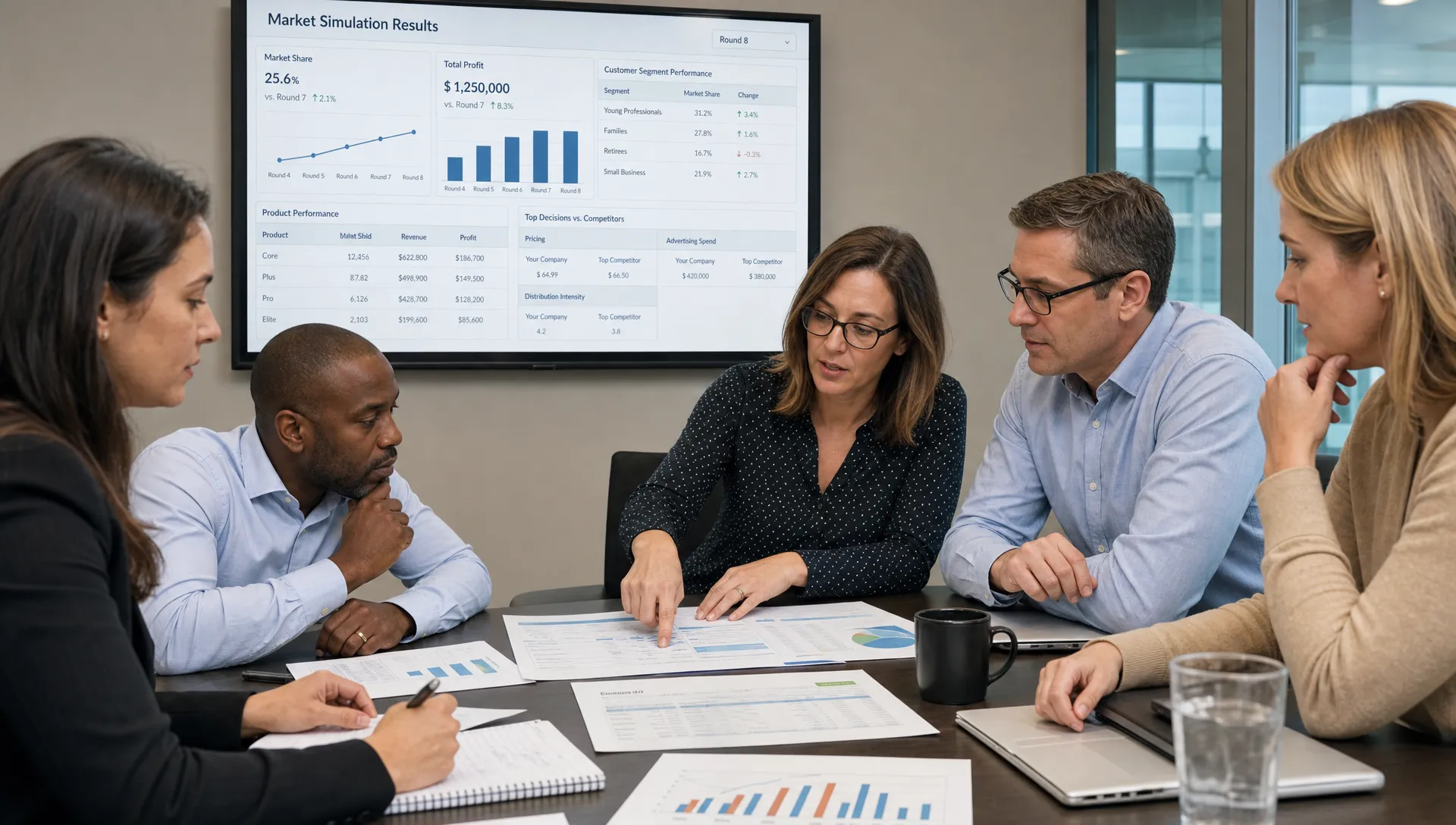 A group of adult business learners gathered around a table reviewing market results, discussing strategy, and comparing decision outcomes during a simulation-based learning session.