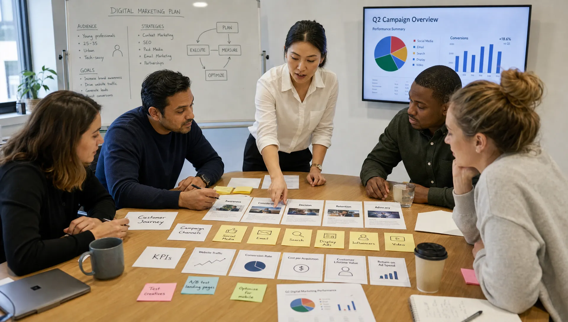 Adult learners arrange customer journey cards, campaign channel notes, and KPI sheets across a table while discussing a digital marketing plan.