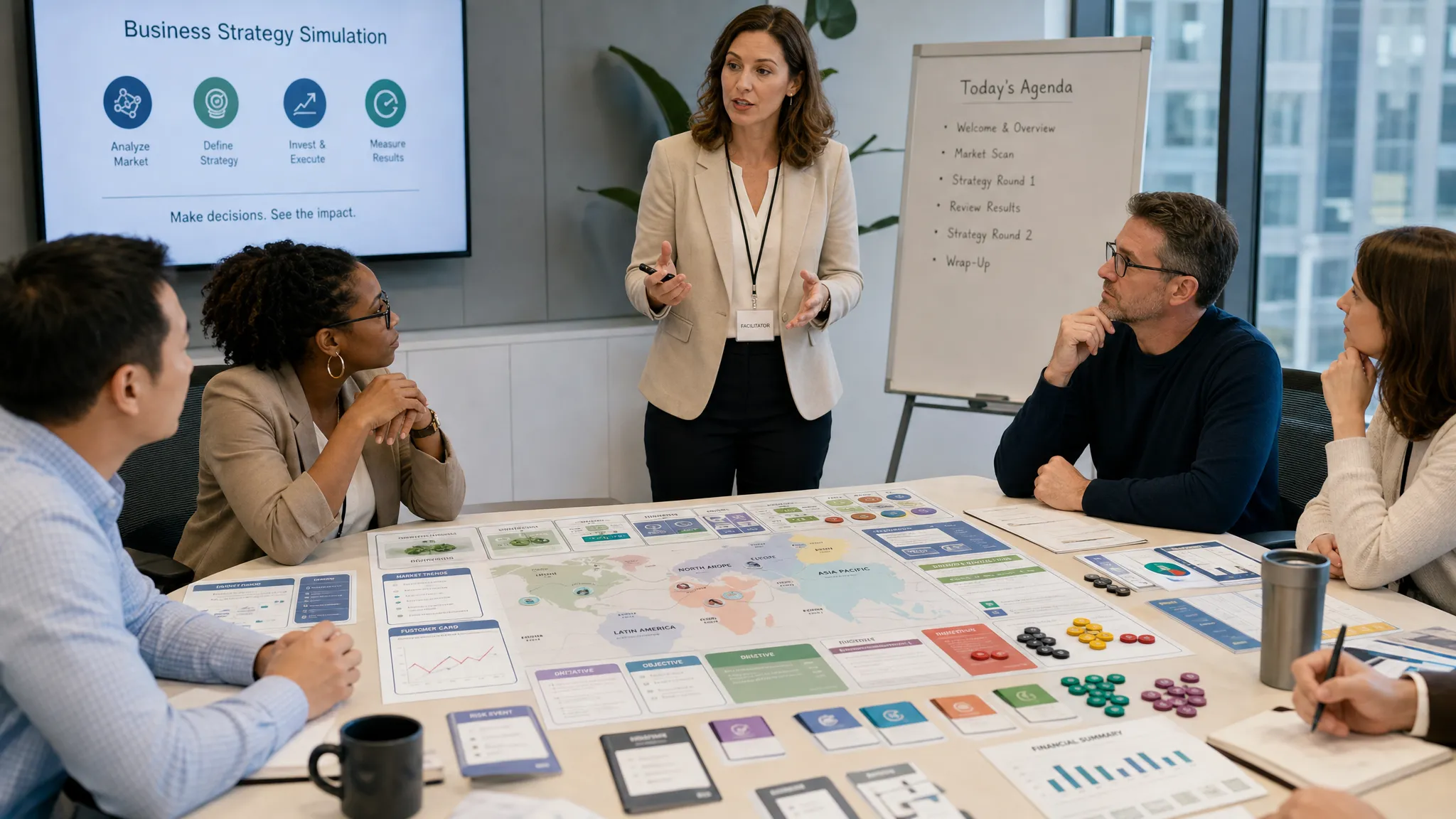 A facilitator guides corporate teams gathered around a table with market maps, strategy cards, budget tokens, and performance charts as they discuss business decisions in a workshop.