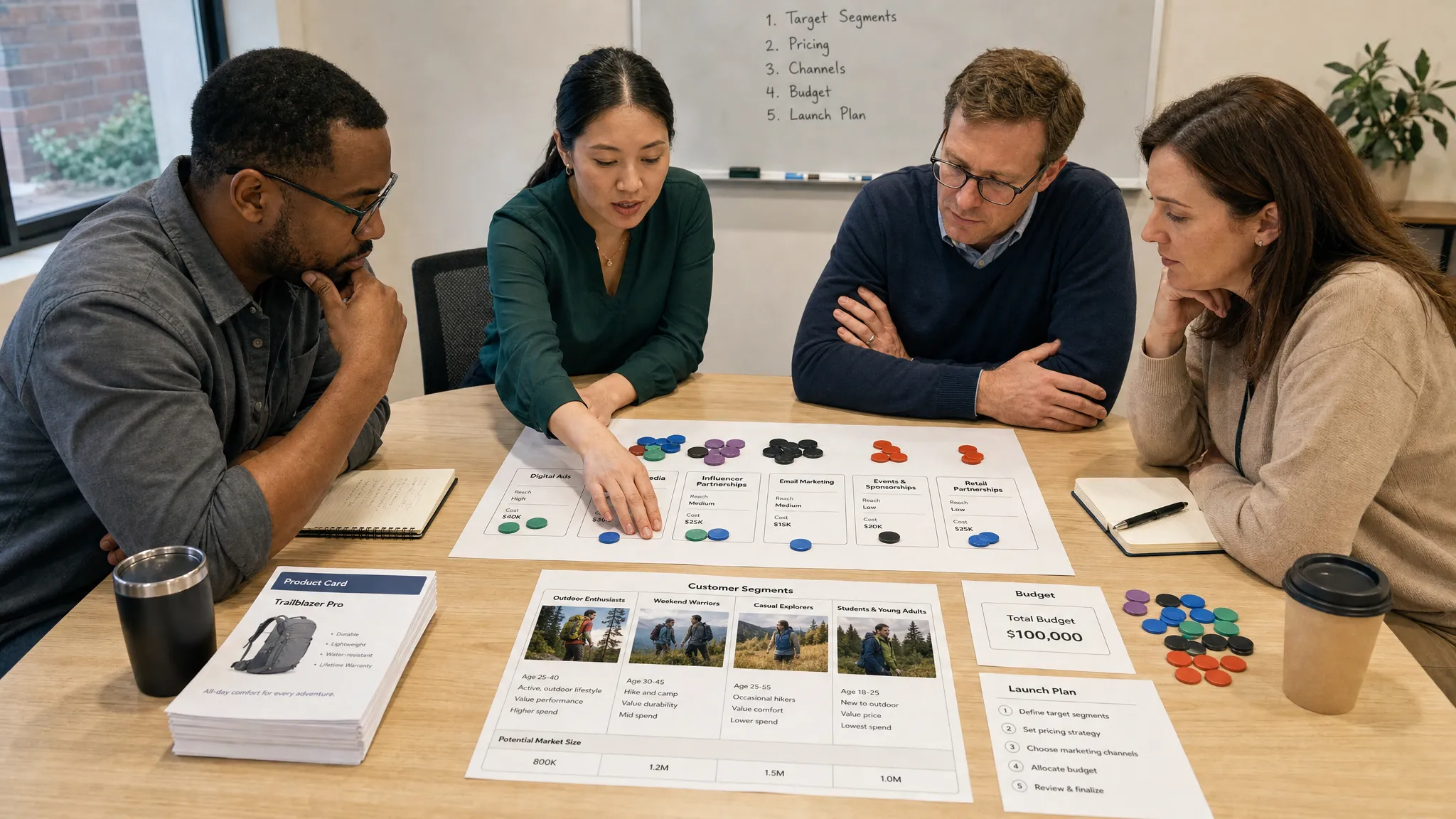 A small group of adult learners gathers around a table with printed market reports, product cards, pricing sheets, and colored tokens representing budgets, comparing customer segments and deciding how to allocate resources for a product launch.
