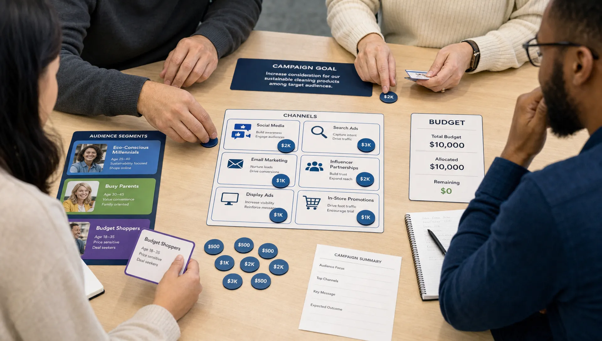 Adult learners arrange audience segments, channel cards, and budget tokens on a workshop table during a campaign simulation.