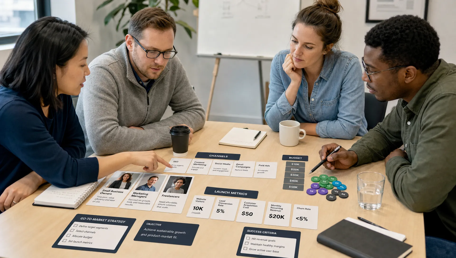 Adult learners work around a table covered with customer segment cards, channel options, budget tokens, and launch metrics, collaborating on a go-to-market strategy exercise.
