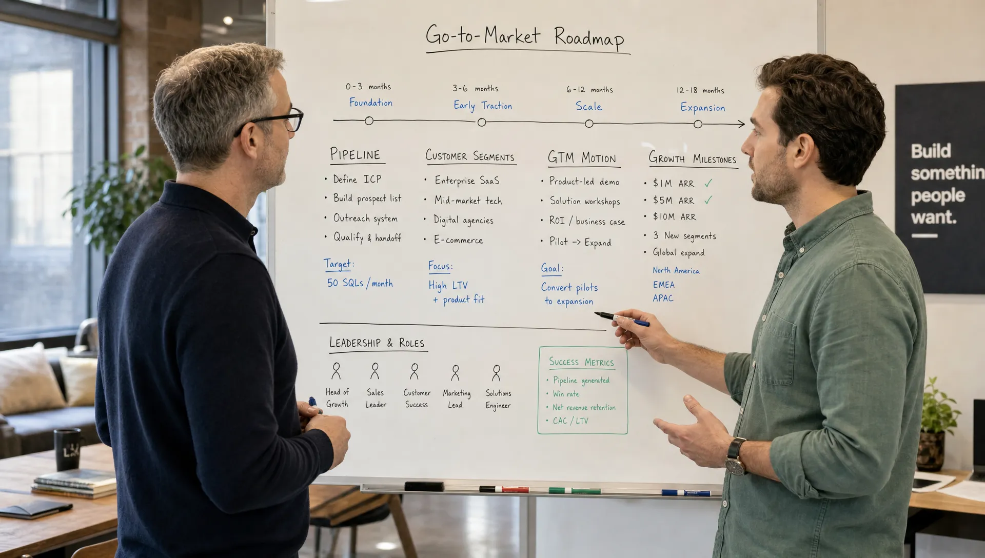 A venture capital operating partner and founder reviewing a go-to-market roadmap on a whiteboard in a workshop-like office, with notes about pipeline, customer segments, leadership roles, and growth milestones.