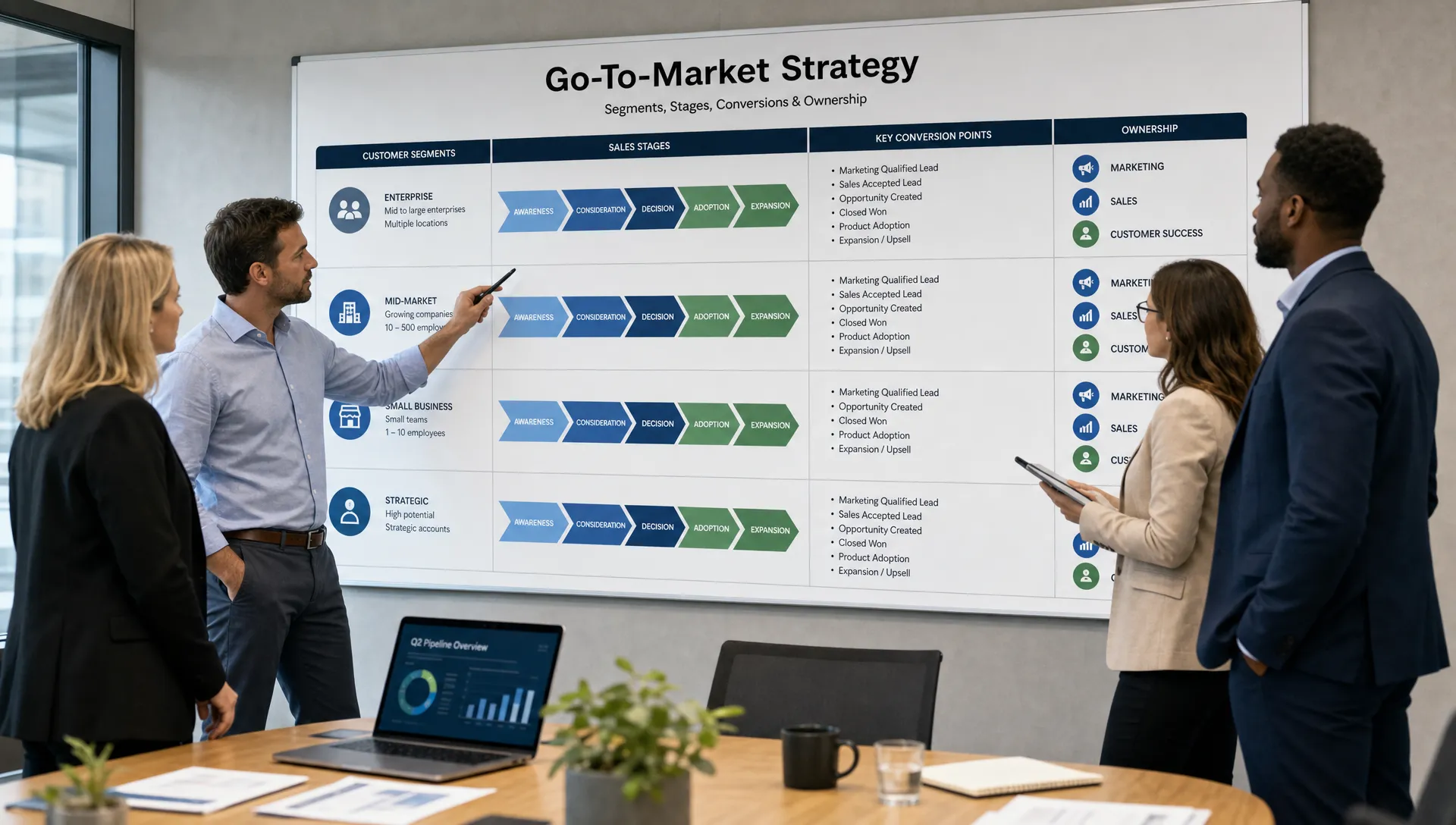 A leadership team stands around a wall board in a modern strategy room, reviewing customer segments, sales stages, conversion points, and ownership across marketing, sales, and customer success.