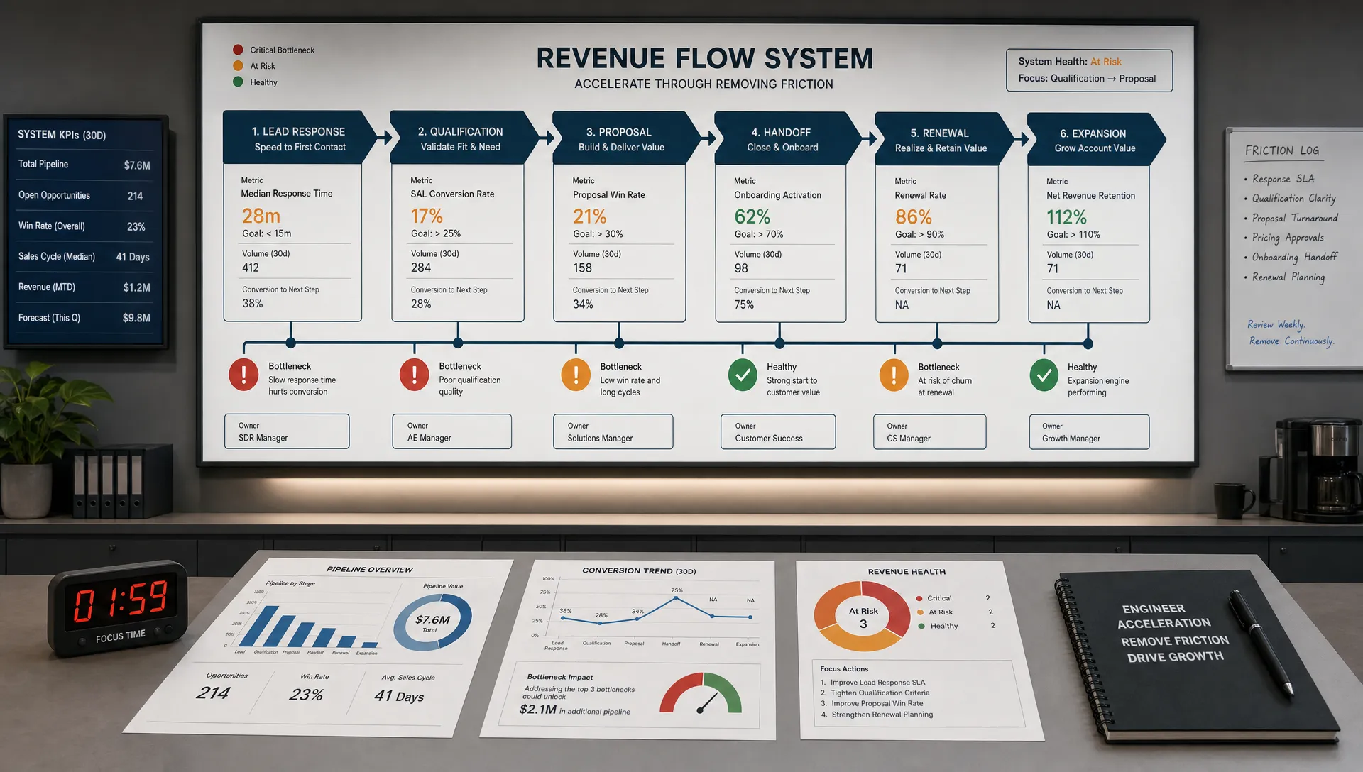 A wide landscape scene of a quiet operations room showing a large wall-mounted revenue flow diagram with connected stages for lead response, qualification, proposal, handoff, renewal, and expansion, overlaid with simple bottleneck markers and ownership tags. In the foreground, a few printed dashboard sheets, a timer, and a notebook sit on a clean table, with no people visible. The setting should feel like commercial control and friction removal rather than a boardroom review, clearly representing how acceleration is engineered through the revenue system.