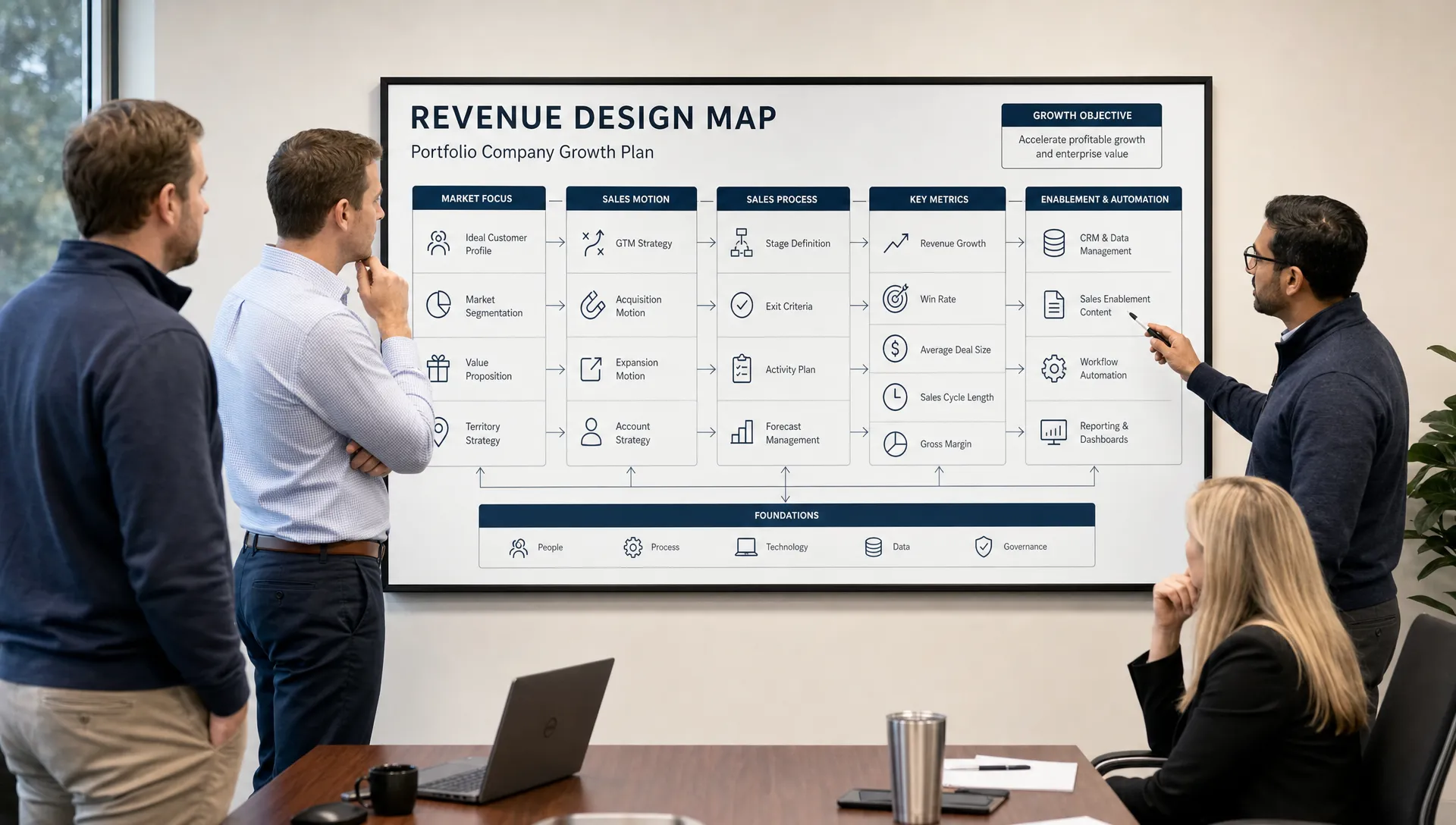 A private equity operating team reviews a clean revenue design map showing market focus, sales motion, process, metrics, and automation connected across a portfolio company growth plan, with the group gathered around a wall-mounted board in a meeting room.