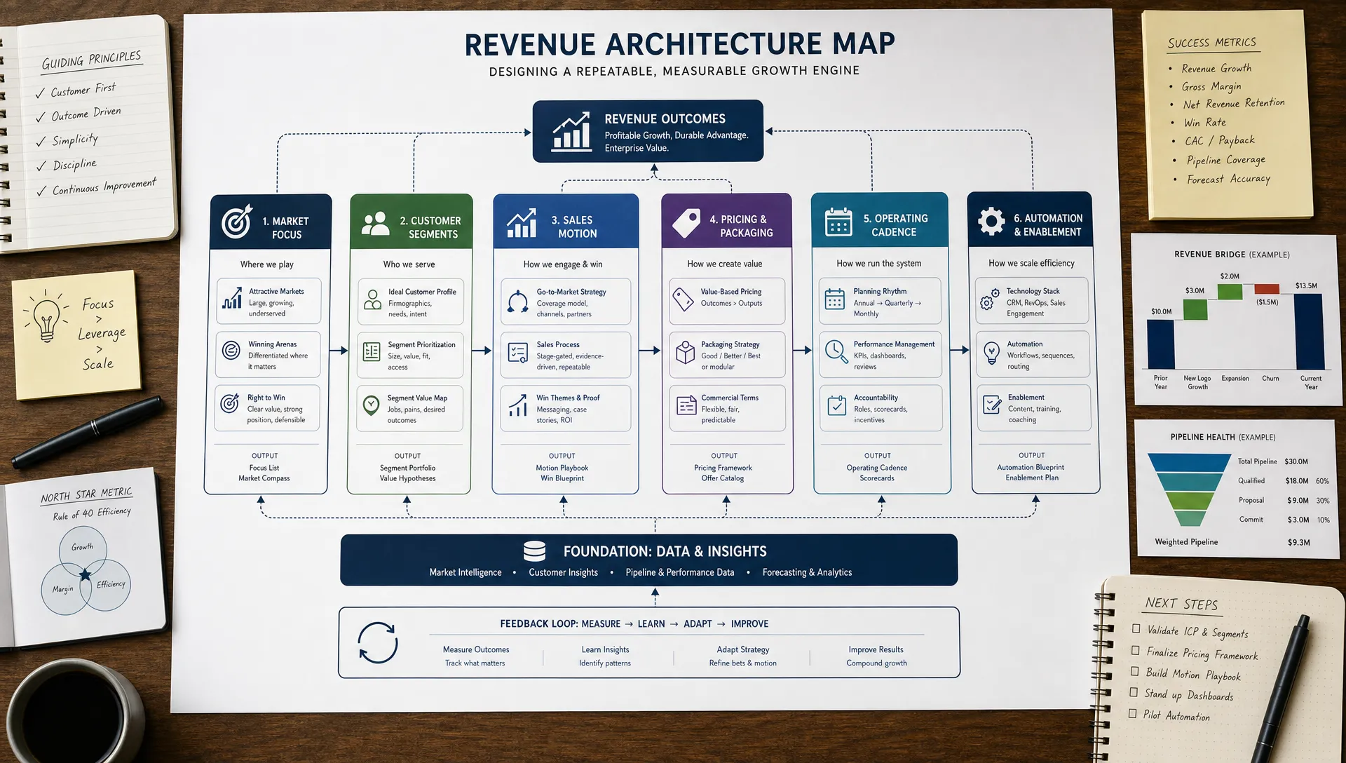 A wide landscape scene of a clean conceptual revenue architecture map laid out on a large tabletop, with connected cards and lines showing market focus, customer segments, sales motion, pricing, operating cadence, and automation. The composition should feel like a strategic system blueprint rather than an office meeting, with no people in the foreground and a calm studio or planning-room setting. The focus is on one central diagram with supporting notes and simple charts arranged around it, clearly representing how revenue is designed to be repeatable and measurable.