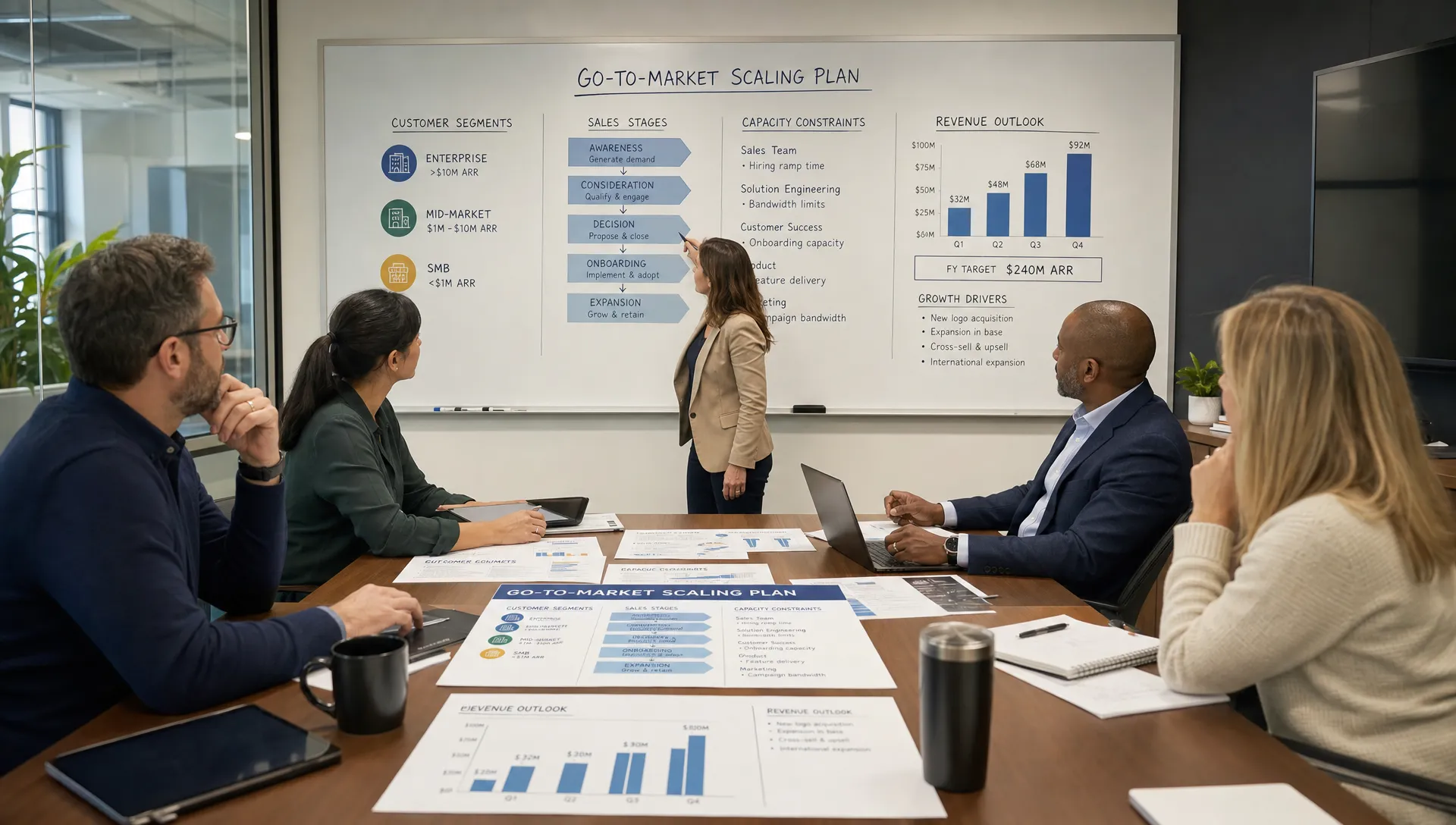 A leadership team reviews a go-to-market scaling plan at a conference table, with customer segments, sales stages, capacity constraints, and revenue metrics mapped across printed documents and a wall board.