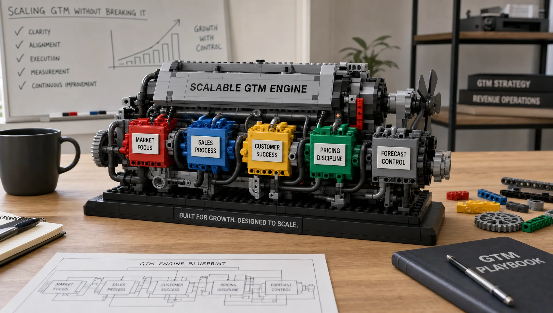 A wide landscape scene of a single commercial engine model built from interlocking blocks on a clean workbench, with labels for market focus, sales process, customer success, pricing discipline, and forecast control. The composition should feel like a system being assembled to handle growth pressure, with no people in the foreground and a calm planning-room setting that clearly represents scaling GTM without breaking it.