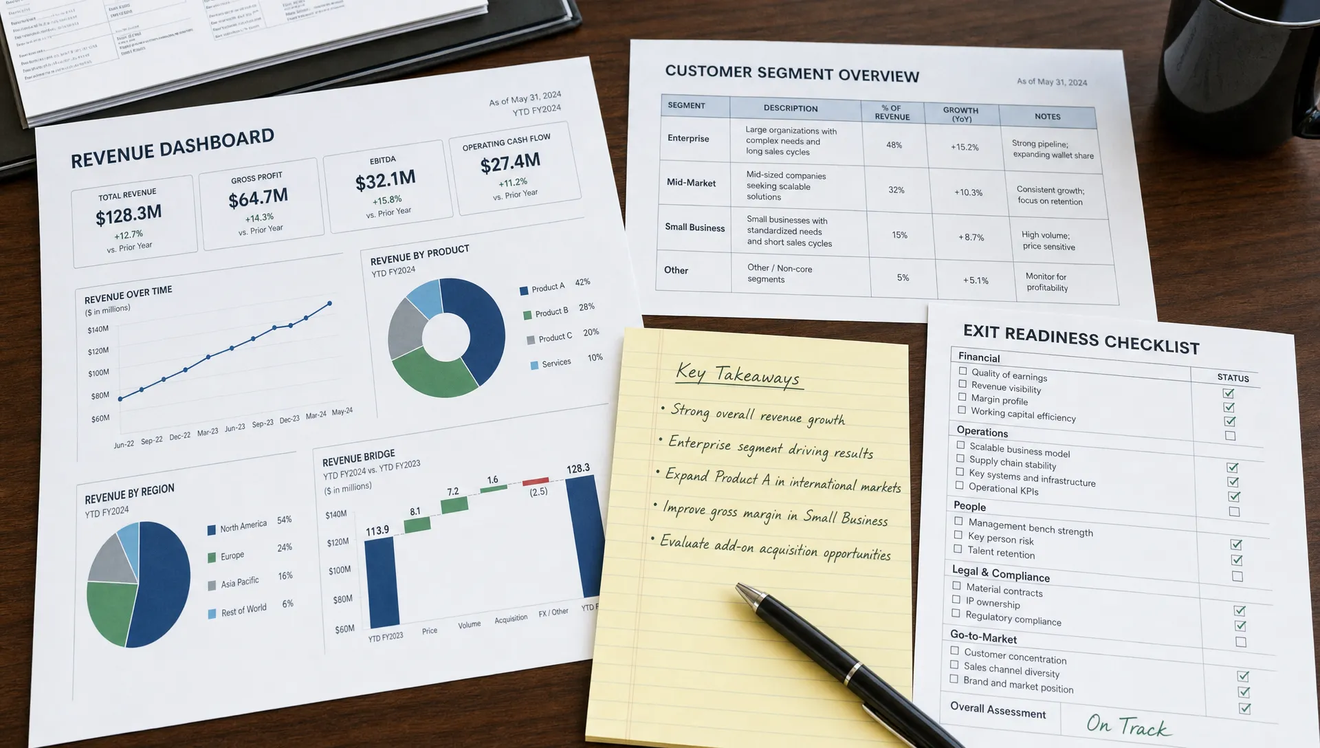 A close-up overhead view of printed revenue dashboards, customer segment notes, and an exit readiness checklist spread across a private equity review table.