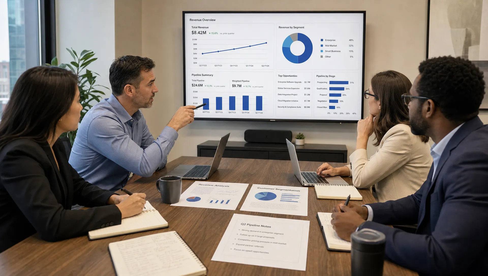 A small leadership team reviews revenue metrics, pipeline notes, and customer segment analysis around a conference table.