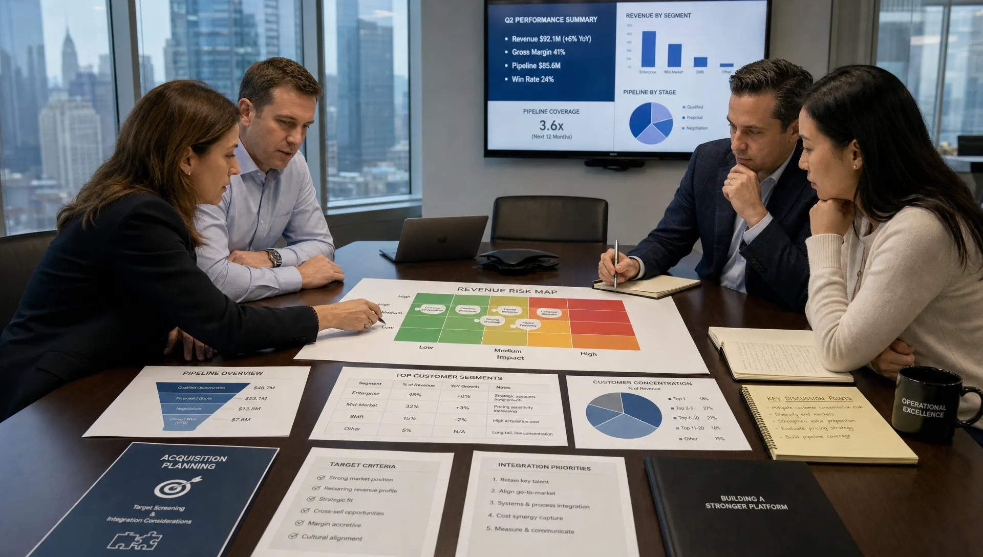 A private equity operating team reviewing a revenue risk map on a conference table, with printed pipeline charts, customer segment notes, and acquisition planning documents arranged for discussion.