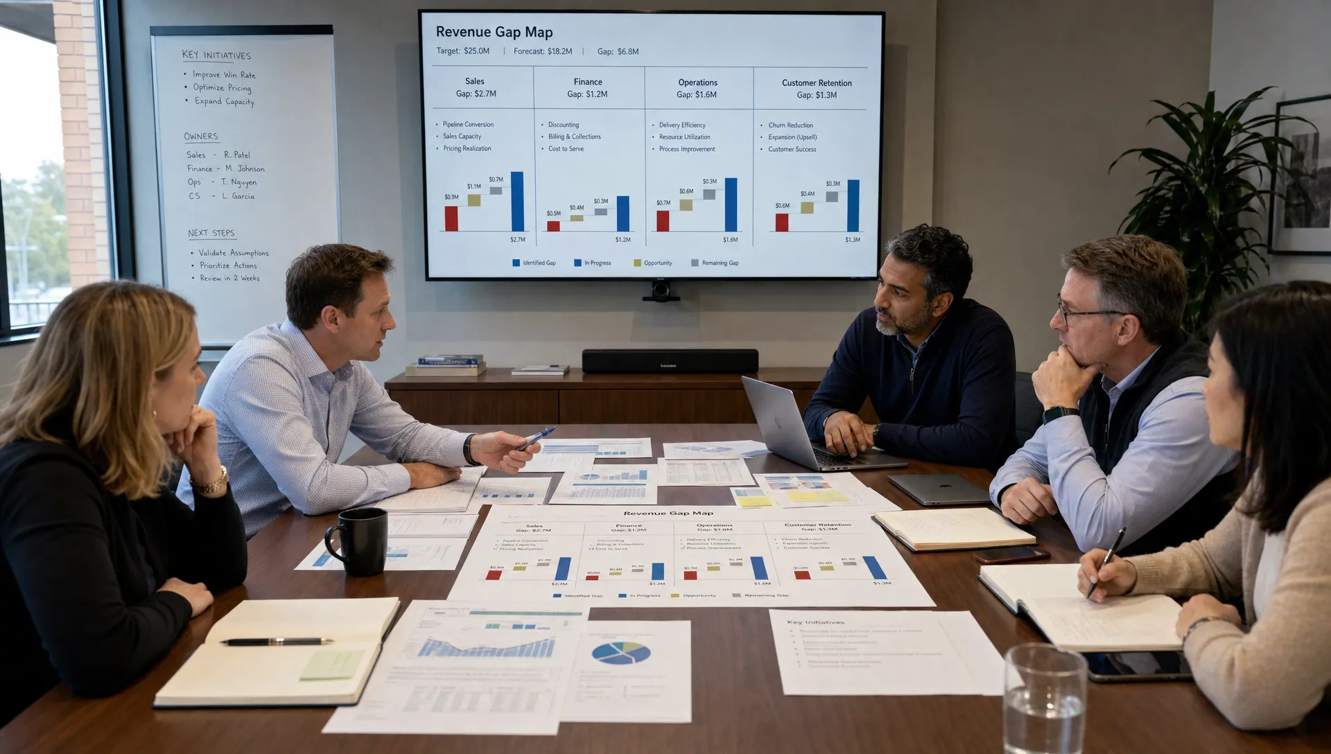 Portfolio company leaders and operating partners reviewing a revenue gap map across sales, finance, operations, and customer retention, with charts and notes spread across a conference table in a quiet meeting room.