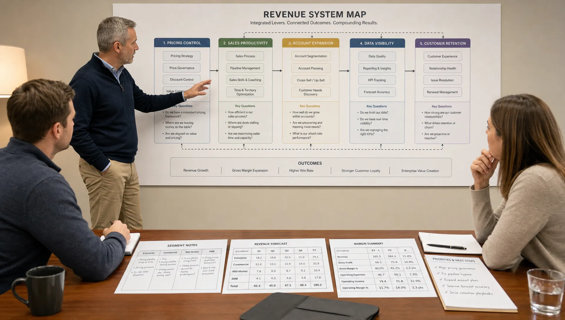 A wide landscape scene in a private equity portfolio company meeting room showing an operating partner and two senior leaders reviewing a large printed revenue system map on a wall, with connected sections for pricing control, sales productivity, account expansion, data visibility, and customer retention. On the table in the foreground are neatly arranged segment notes, forecast sheets, and margin summaries, creating a practical diagnostic atmosphere with no screen visible.