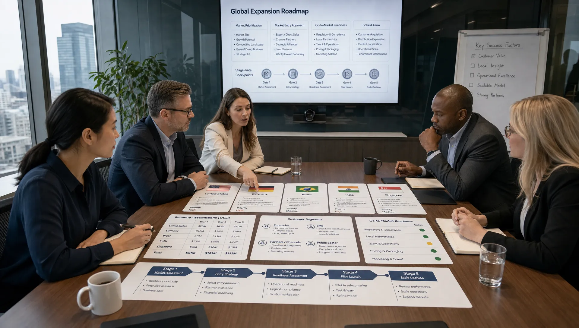 A leadership team reviews a global expansion roadmap in a glass-walled meeting room, with country cards, revenue assumptions, customer segments, and stage-gate checkpoints spread across the table during a structured planning session.