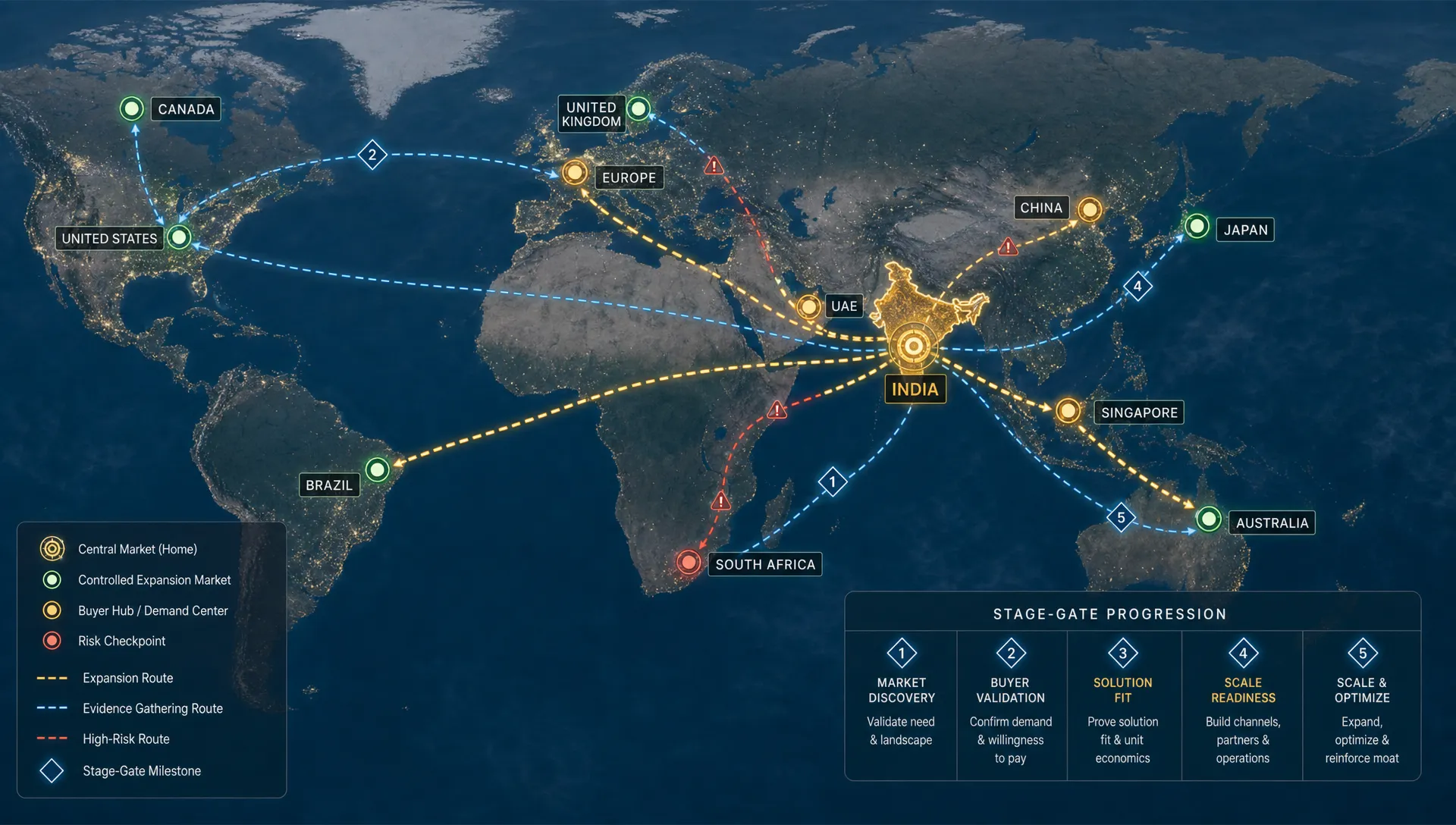 A wide landscape scene of a modern international route map viewed from above, with one central market highlighted and several connected destination markers showing controlled expansion paths, buyer hubs, risk checkpoints, and stage-gate milestones. The composition should feel like a strategic geographic decision point rather than a boardroom planning session, with no people visible and a clear sense of disciplined market entry, evidence gathering, and capital allocation across regions.