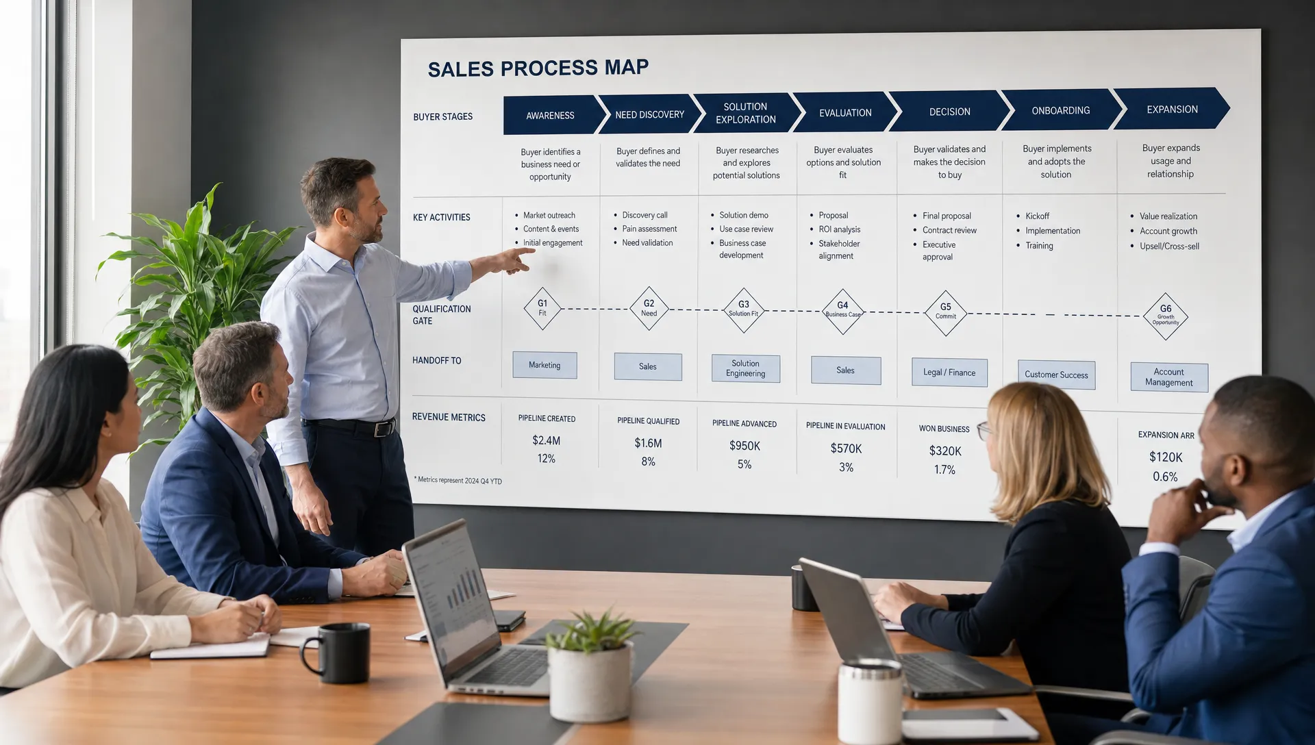A leadership team reviews a sales process map on a conference room wall with buyer stages, qualification gates, handoff points and revenue metrics.