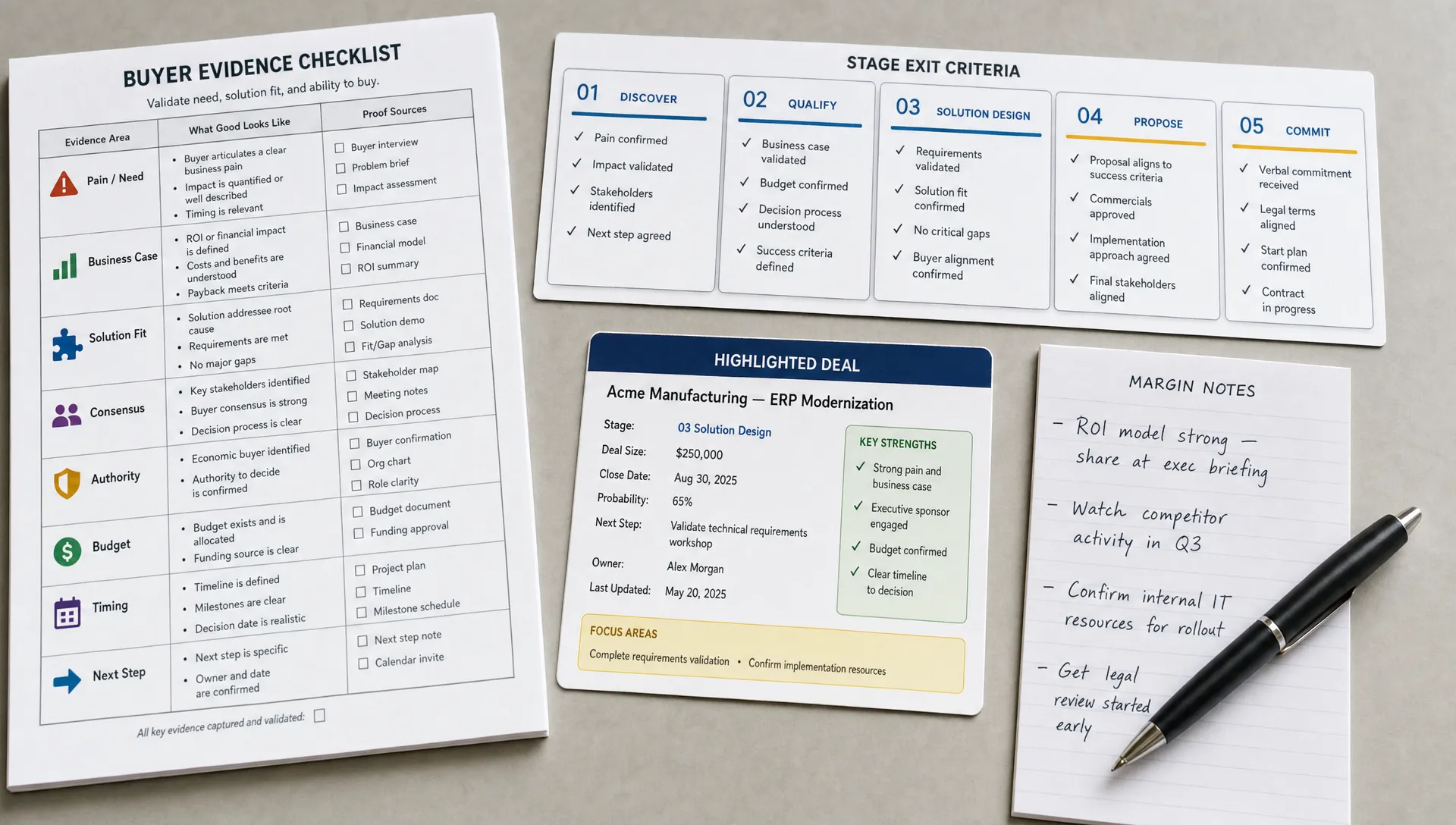 Landscape close-up of a sales qualification toolkit spread on a clean planning surface, with a buyer evidence checklist, stage exit criteria cards, a margin note sheet, and a pen resting beside a single highlighted deal card. Keep the arrangement crisp and practical, with no people visible.