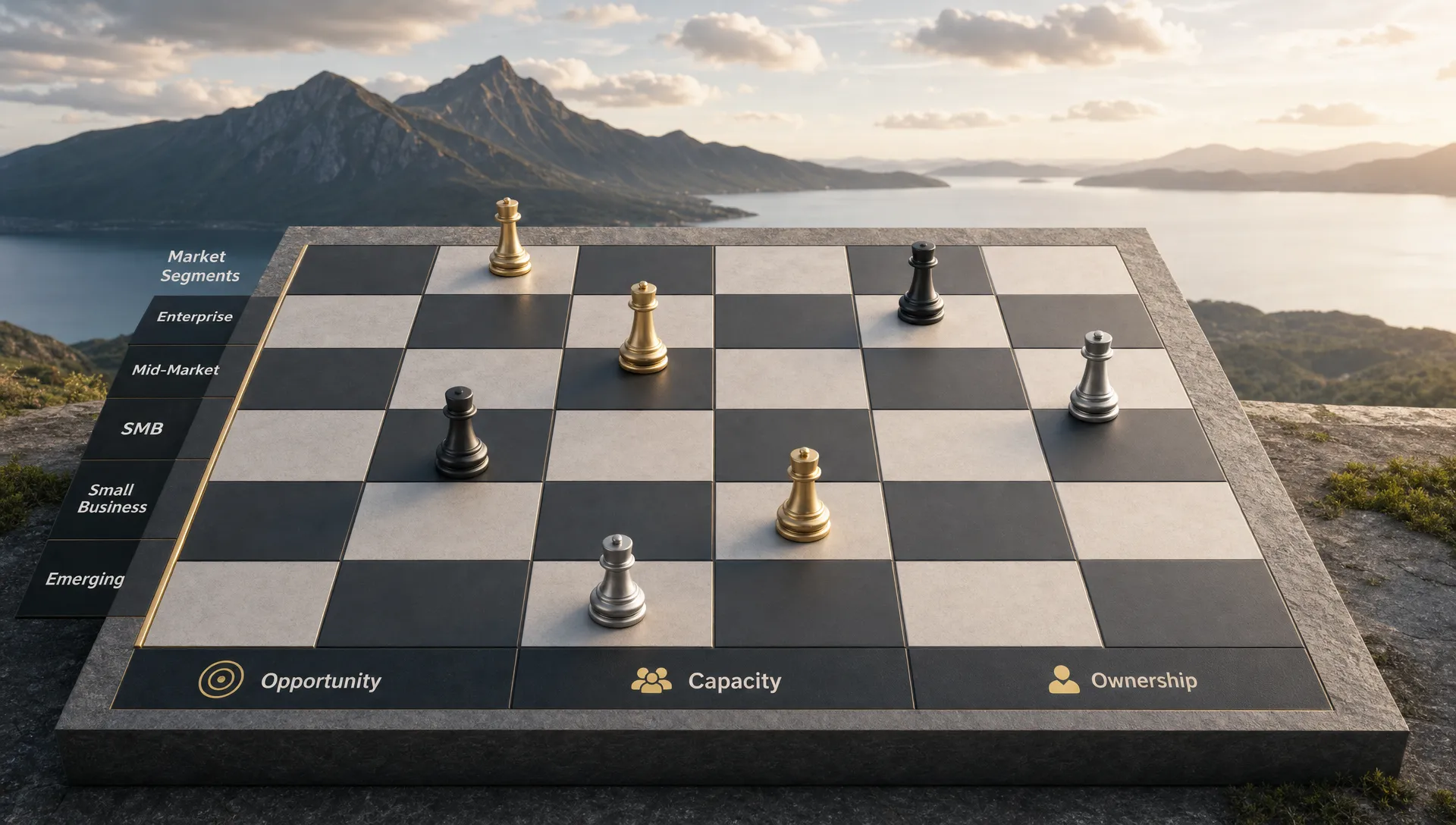 A landscape scene showing a chessboard-style commercial grid where a few pieces represent sales coverage across market segments, with some squares brightly occupied and others intentionally open to suggest whitespace. Include subtle labels for opportunity, capacity, and ownership, and keep the frame symbolic rather than office-like. No people visible.