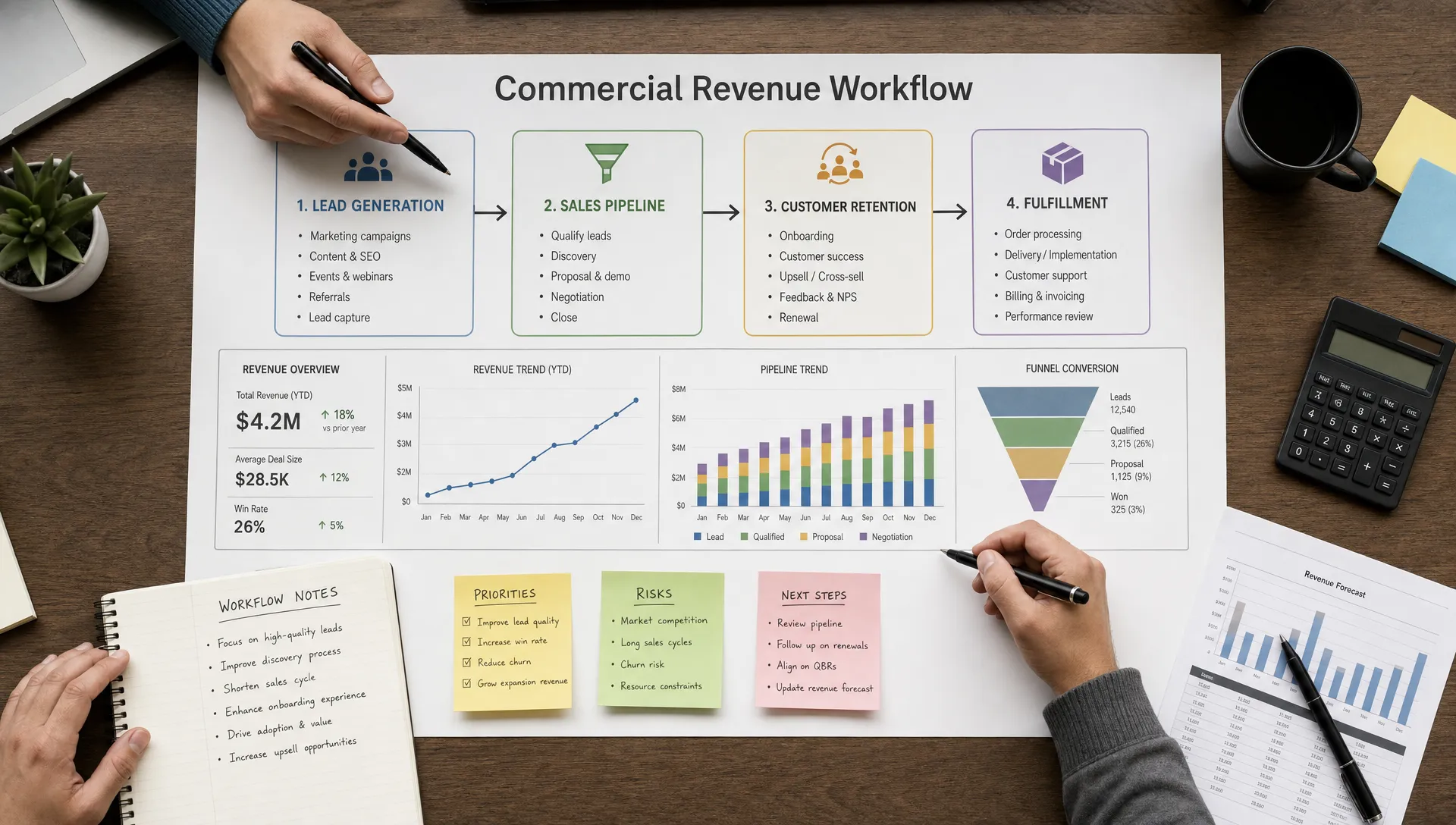 A commercial revenue workflow shown through an overhead planning table, with lead generation, sales pipeline, customer retention, and fulfillment represented as connected process cards, alongside simple trend charts and workflow notes arranged for review.