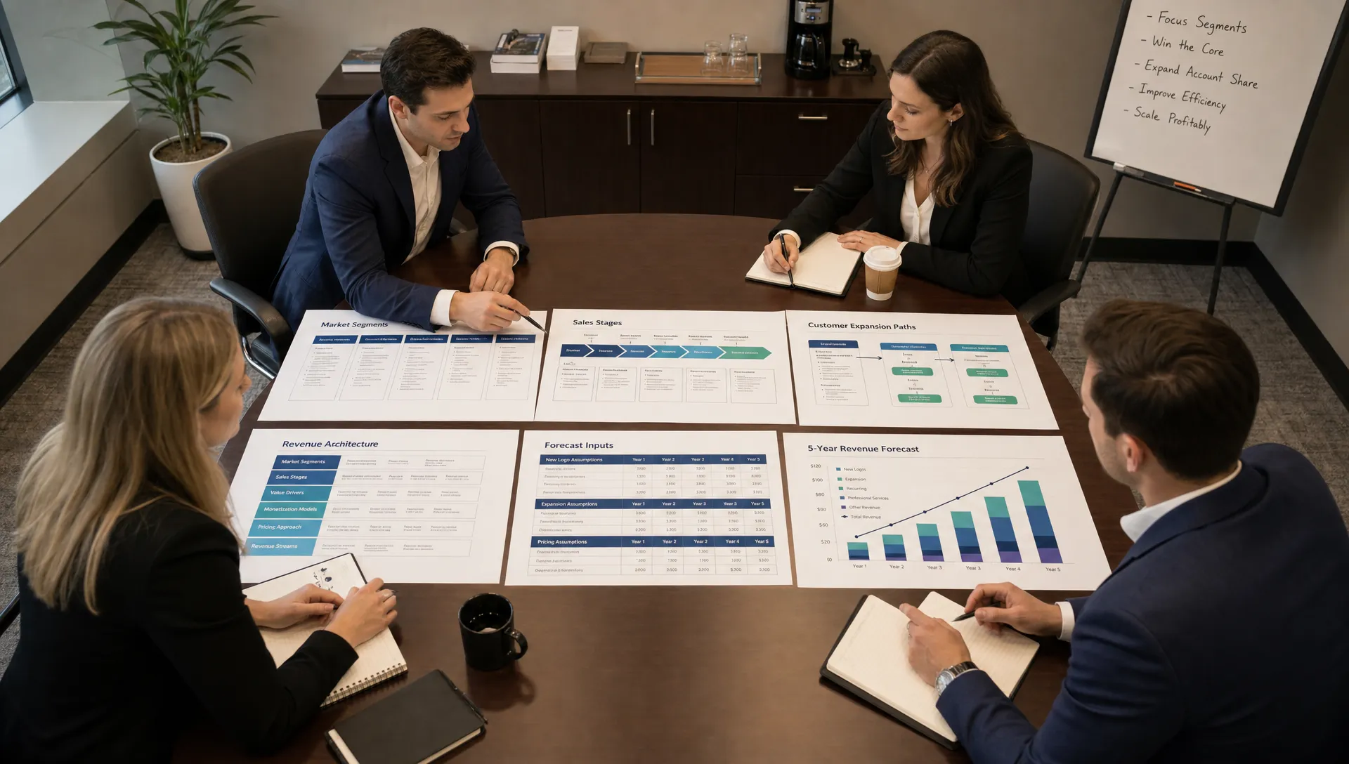 A private equity value creation team reviewing printed revenue architecture maps, with market segments, sales stages, customer expansion paths, and forecast inputs arranged across a conference table, viewed from slightly above in a quiet strategy room.