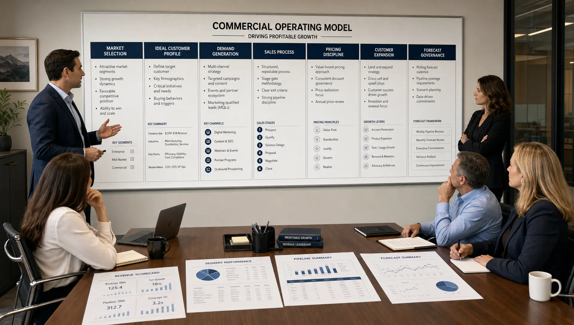 A wide landscape scene in a private equity strategy room showing a clean wall board that maps the commercial operating model for a portfolio company, with sections for market selection, ideal customer profile, demand generation, sales process, pricing discipline, customer expansion, and forecast governance. A small group of adults stands and sits around a long table in discussion, with printed scorecards and planning notes spread neatly in the foreground, creating a focused, board-level revenue architecture atmosphere with no presentation screen visible.