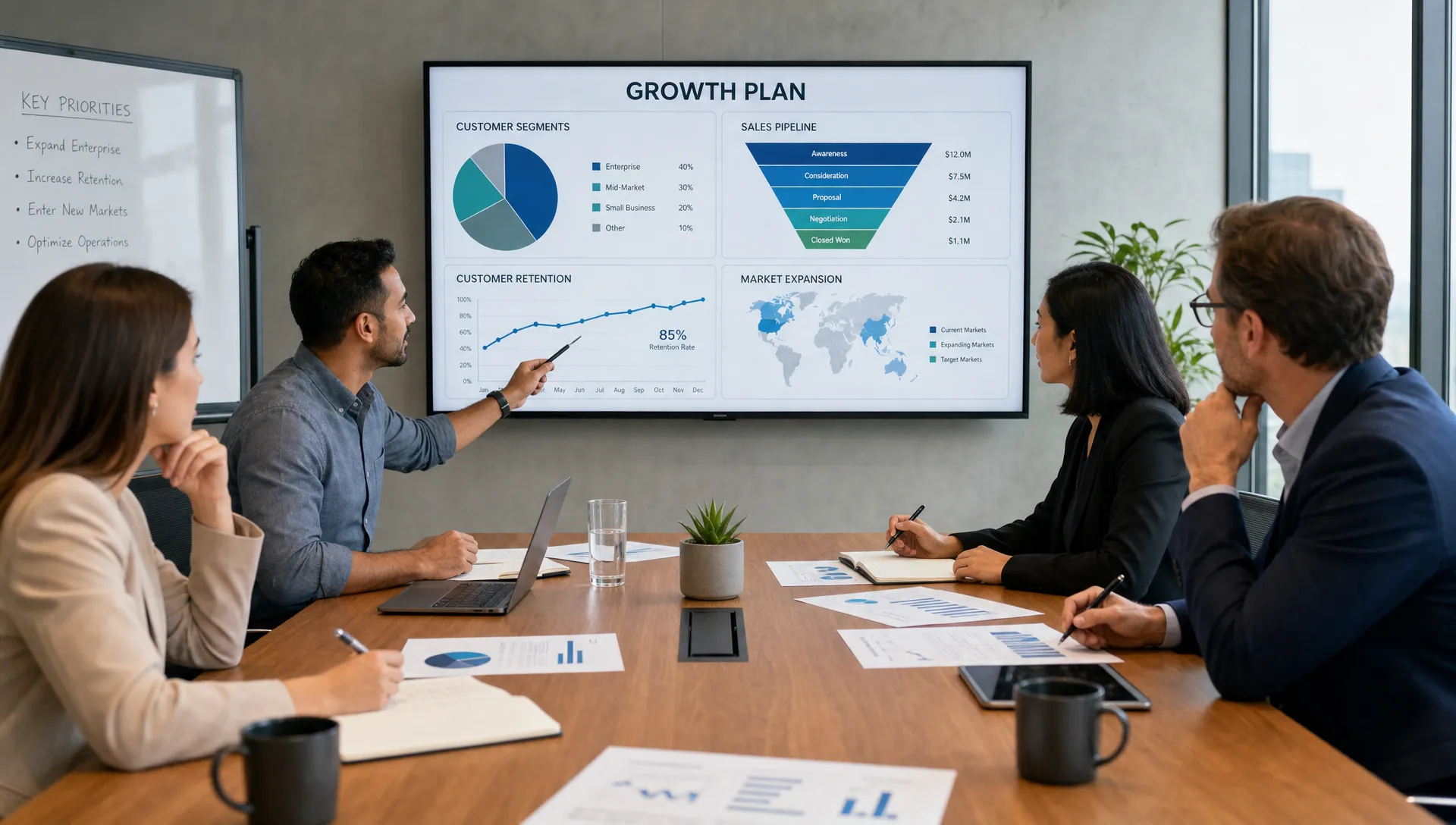 An operating team reviews a growth plan on a conference table with charts for customer segments, sales pipeline, retention, and market expansion.