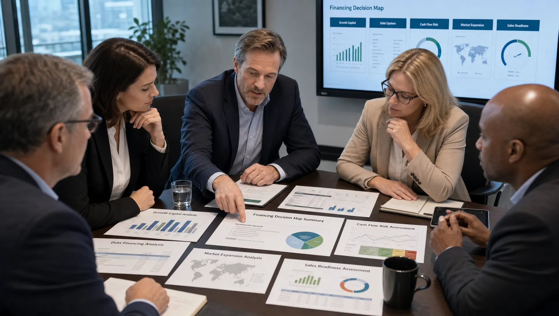 A leadership team reviews a financing decision map on a conference table, comparing growth capital, debt, cash flow risk, market expansion, and sales readiness across printed charts and financial models, with one person pointing to a summary page during the discussion.