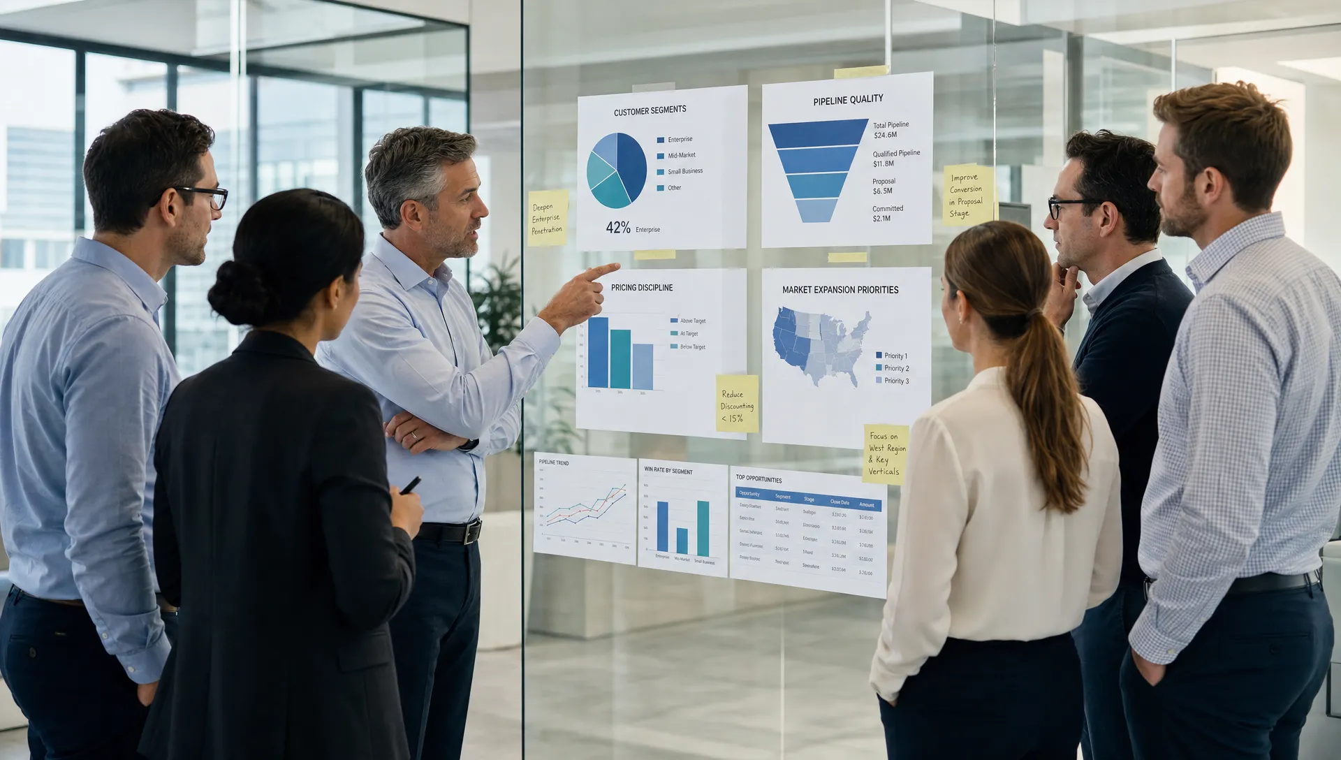 A private equity operating team and portfolio company executives standing around a glass wall covered with charts for customer segments, pipeline quality, pricing discipline, and market expansion priorities, with no boardroom table in view.