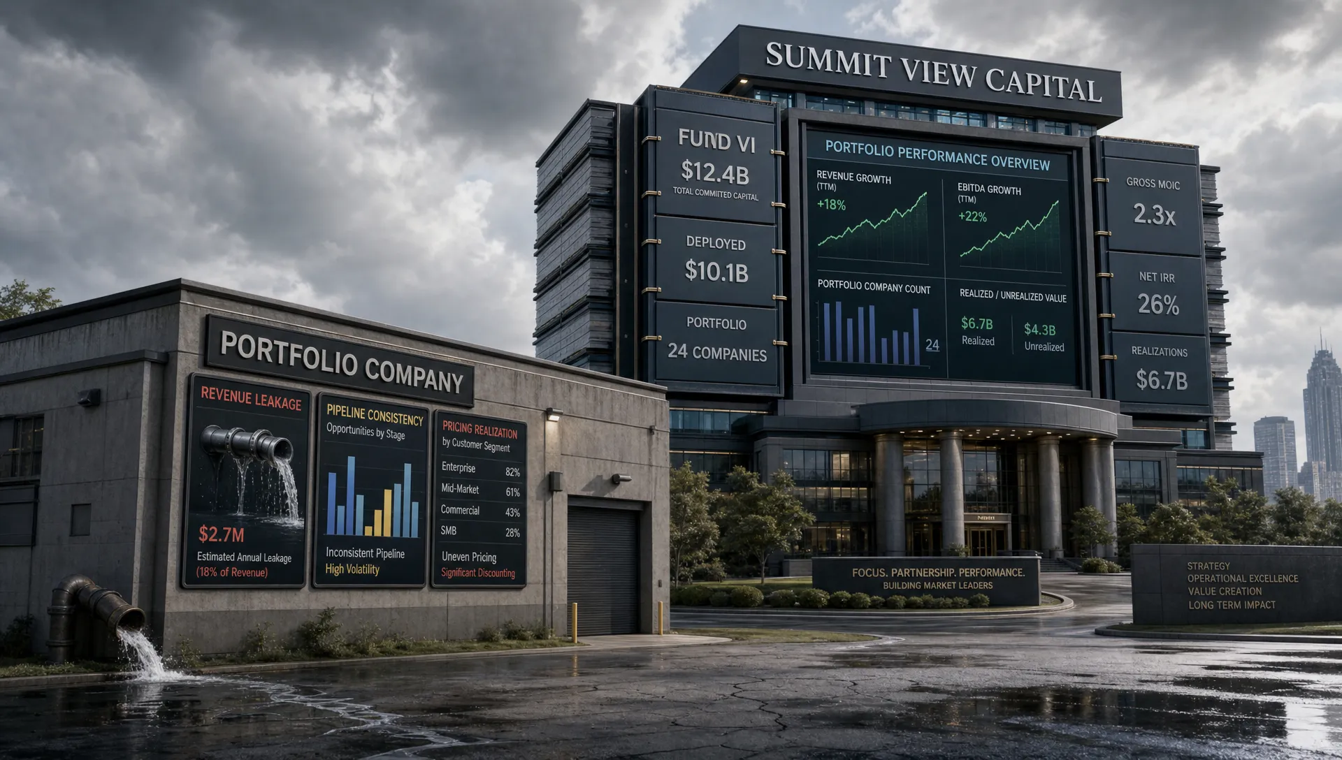 A wide landscape scene of a large private equity fund represented by a tower of stacked capital ledgers and portfolio company performance boards, with one smaller operating company building in the foreground showing visible revenue leakage, inconsistent pipeline, and uneven pricing on its exterior displays. No people are visible. The setting should feel like a financial power base contrasted with the reality of company-level execution, clearly representing that fund scale does not automatically create portfolio growth.