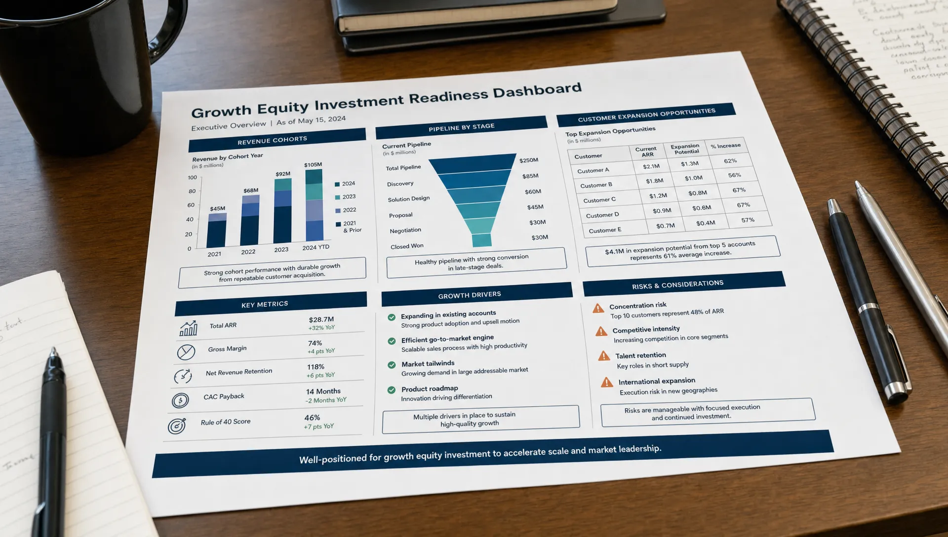 A printed growth equity investment readiness dashboard on a conference table, showing revenue cohorts, pipeline stages, customer expansion opportunities, and risk notes with pens and notebooks nearby.