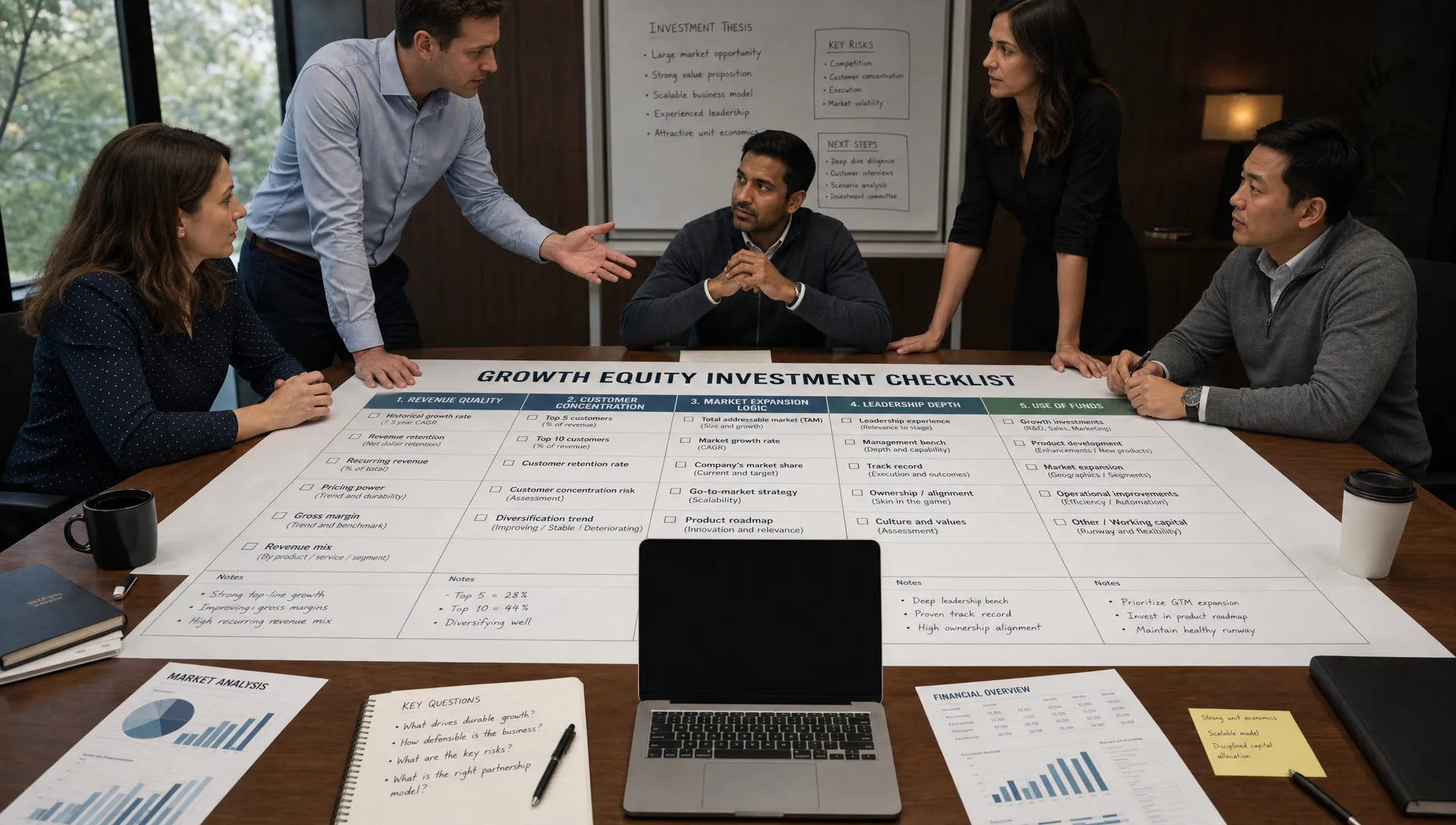 A wide landscape scene in a quiet strategy room showing a growth equity investment checklist spread across a large table, with printed sections for revenue quality, customer concentration, market expansion logic, leadership depth, and use of funds. A few adults stand and sit around the table in discussion, with neatly arranged charts, annotated notes, and a laptop facing the camera with nothing displayed behind it, creating a disciplined investor diligence atmosphere.