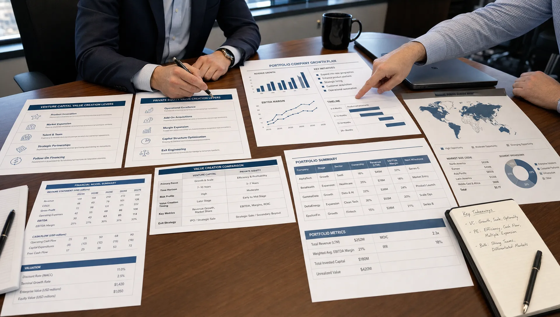 A strategic planning table with printed financial models, portfolio company growth plans, and market maps spread across a conference table, showing how investors compare venture capital and private equity value creation levers.