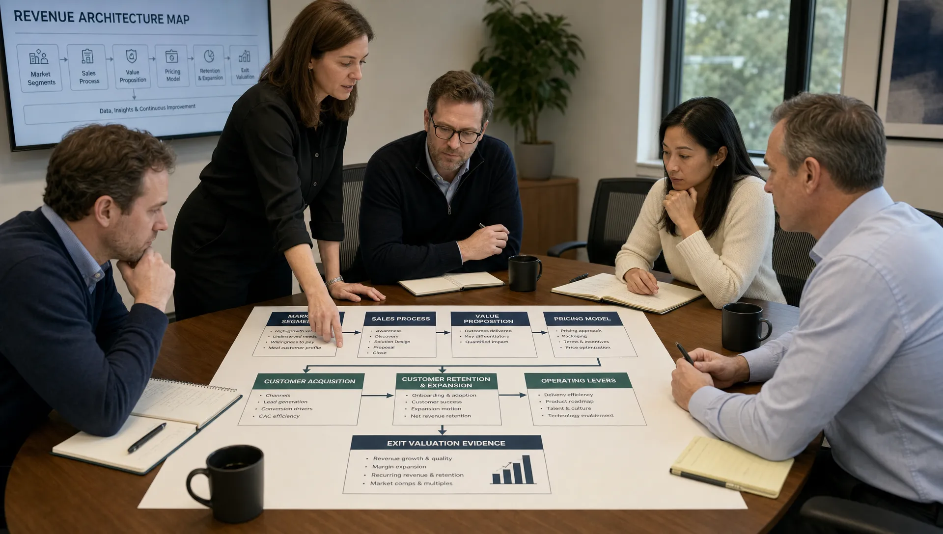 A private equity operating team reviewing a clean revenue architecture map on a conference table, with cards for market segments, sales process, pricing, retention, and exit valuation evidence arranged in a connected workflow.
