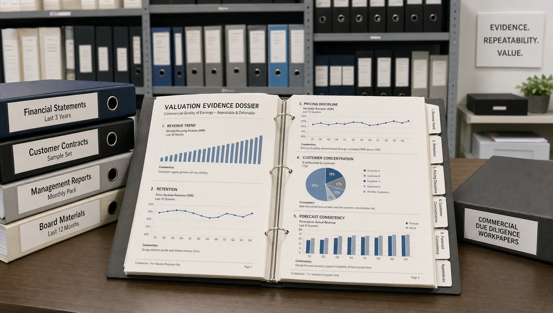 A wide landscape scene in a modern office storage archive or document review room, showing a single large valuation evidence dossier opened on a table with visible sections for revenue trend, retention, pricing discipline, customer concentration, and forecast consistency, alongside neatly stacked binders and labeled tabs. No people visible. The setting should feel controlled and evidential, emphasizing that buyers value repeatable commercial proof rather than a heroic sales story.