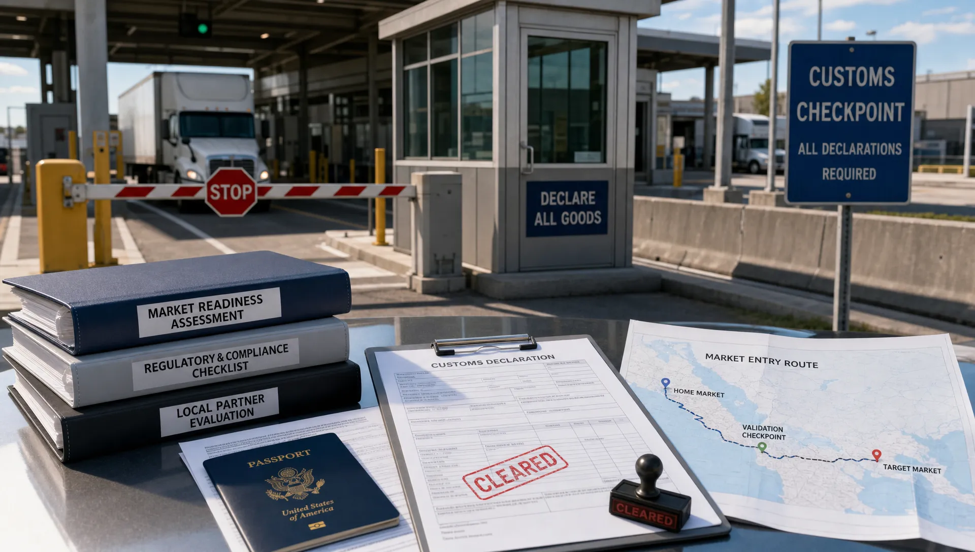 A wide landscape scene of a customs checkpoint at a modern border crossing, with a freight lane barrier, inspection booth, stamped documents, a route map, and a few neatly arranged commercial readiness folders showing how market entry is being tested before full scale. No people are visible. The setting should feel like controlled cross-border access and staged validation, clearly representing foreign market expansion without using a boardroom or planning-table composition.