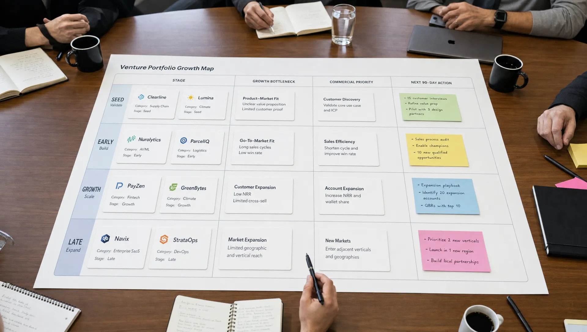 A venture portfolio growth map spread across a conference table, with company cards grouped by stage, growth bottleneck, commercial priority, and next 90-day action.