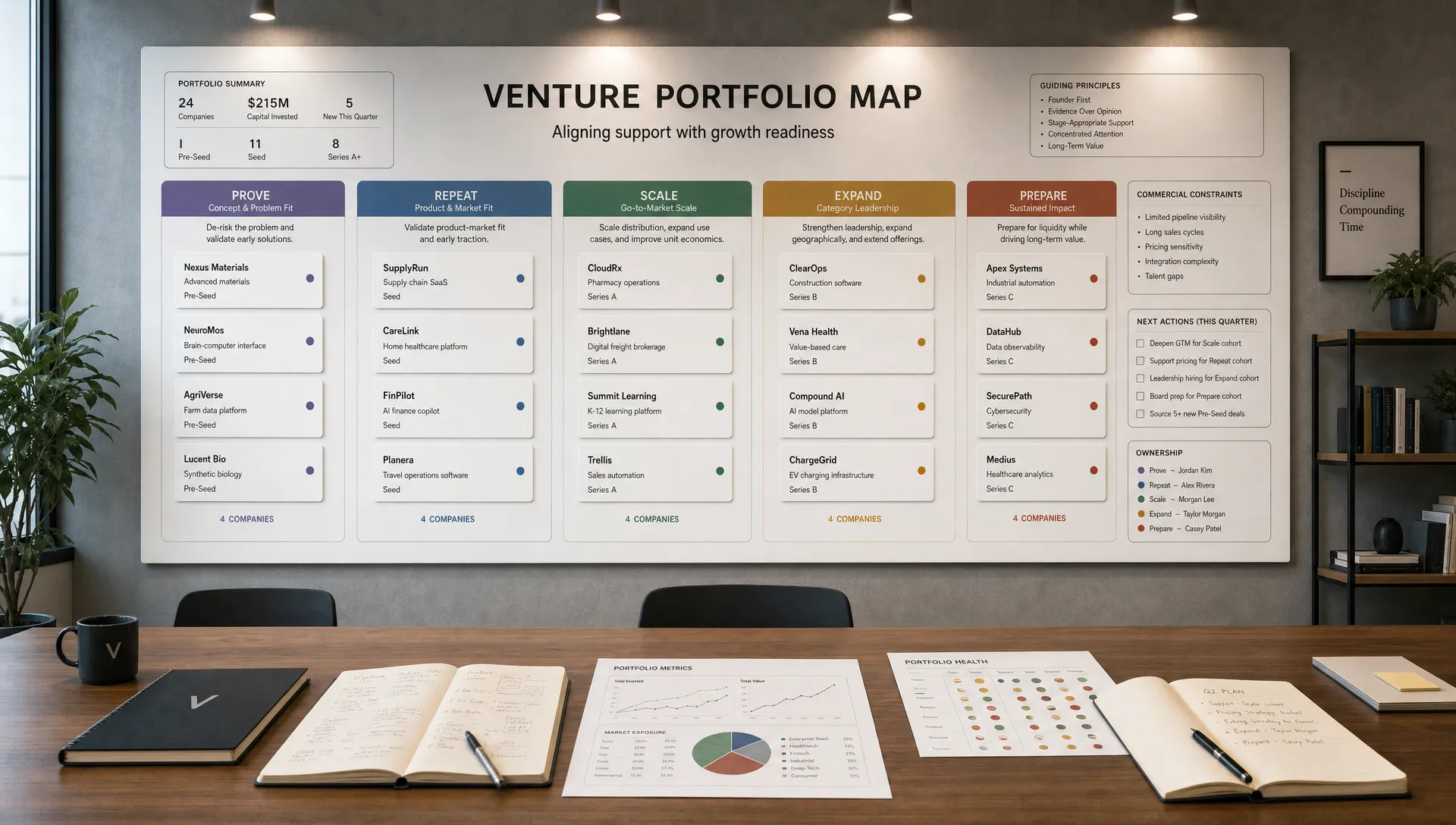 A wide landscape scene of a venture portfolio dashboard in a quiet planning studio, showing a large wall-mounted portfolio map with companies grouped by growth readiness: prove, repeat, scale, expand, and prepare. The board includes simple cards for commercial constraints, next actions, and ownership, with a few open notebooks and printed metrics on a long table in the foreground. No people visible. The setting should feel like a disciplined operating system for allocating attention and support across many companies.