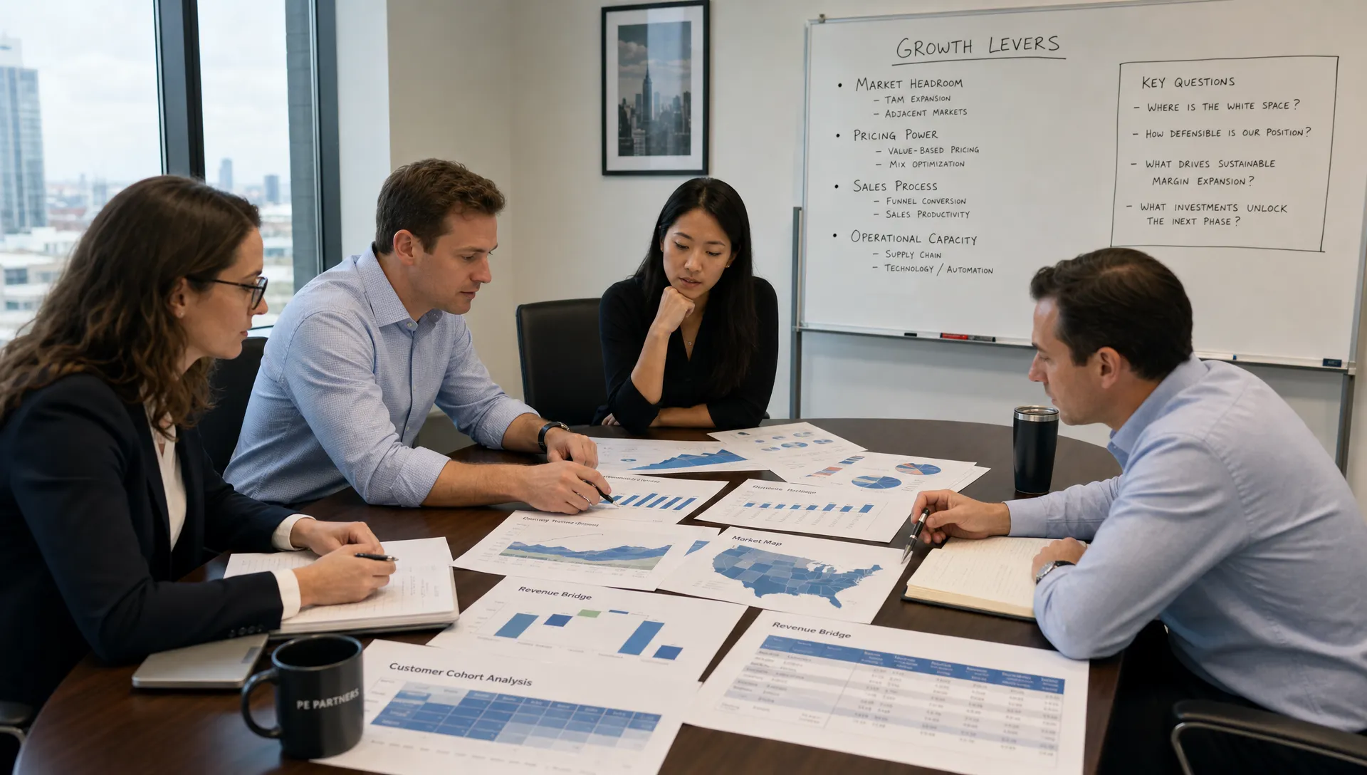 A private equity deal team reviews printed revenue charts, market maps, and customer cohort data around a conference table while a whiteboard shows growth levers such as market headroom, pricing, sales process, and operational capacity.