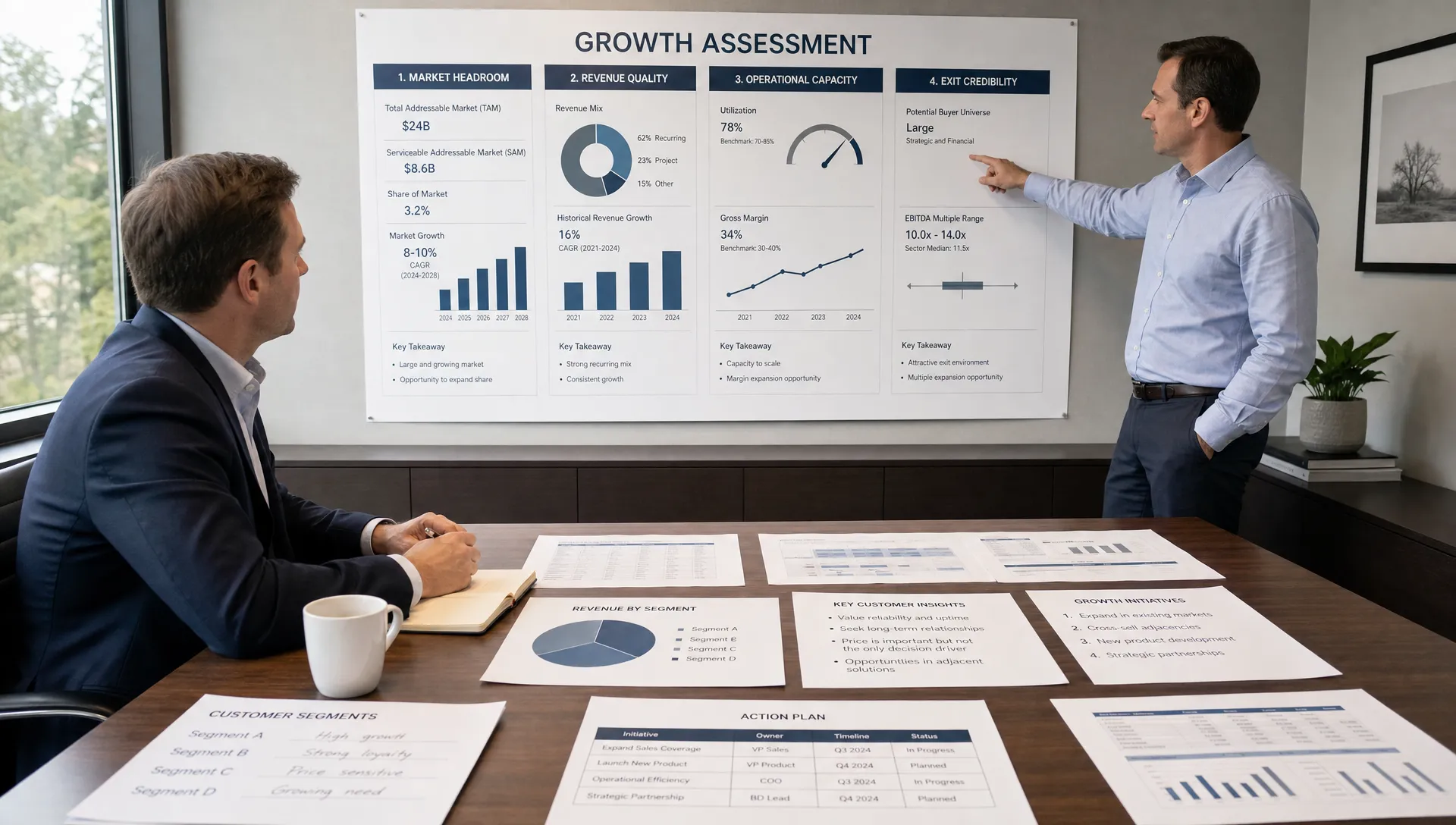 A wide scene in a quiet strategy room showing a private equity sponsor and portfolio company executive reviewing a large printed growth assessment board on a wall, with sections for market headroom, revenue quality, operational capacity, and exit credibility. In the foreground, a long table holds neatly arranged printed charts, customer segment notes, and a simple action plan, creating a focused diligence discussion with no presentation screen visible.
