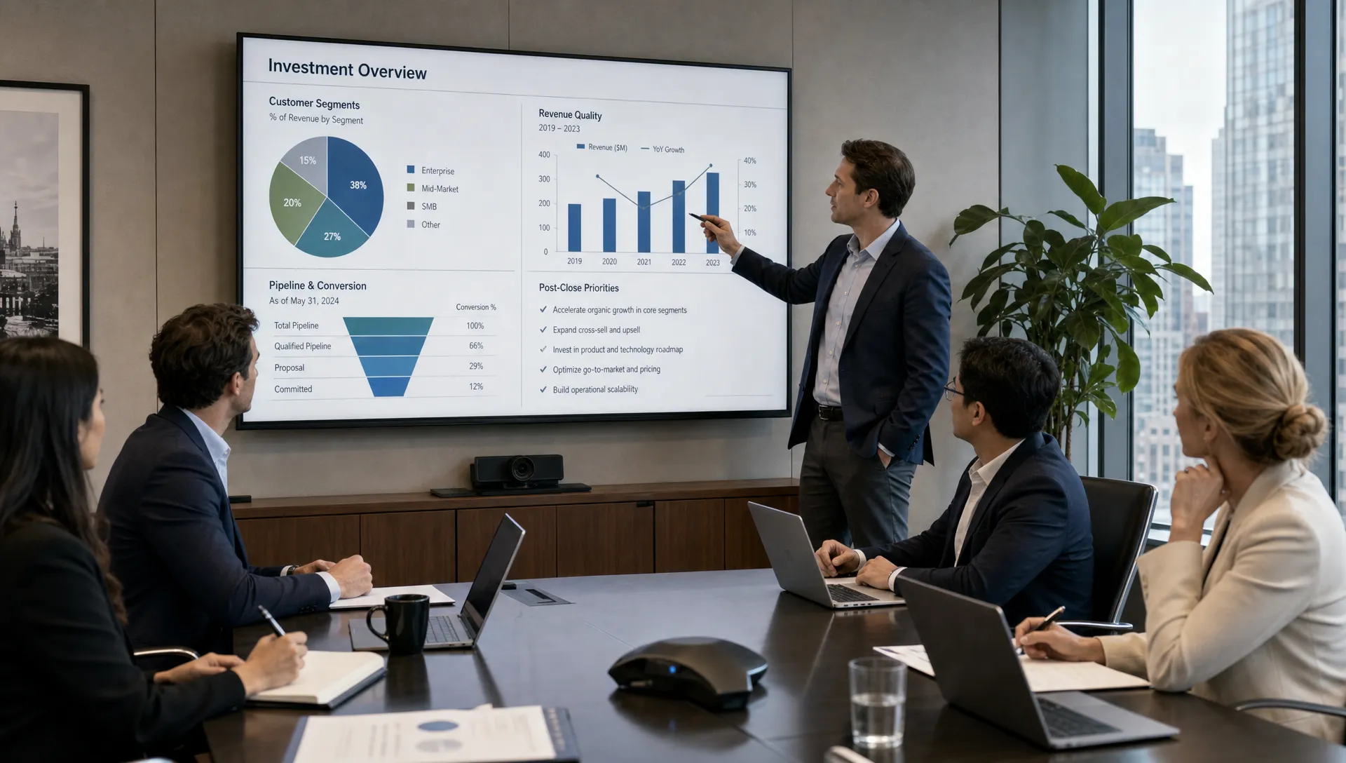 A private equity diligence team reviews customer segments, revenue quality, pipeline risks, and post-close priorities in a conference room.